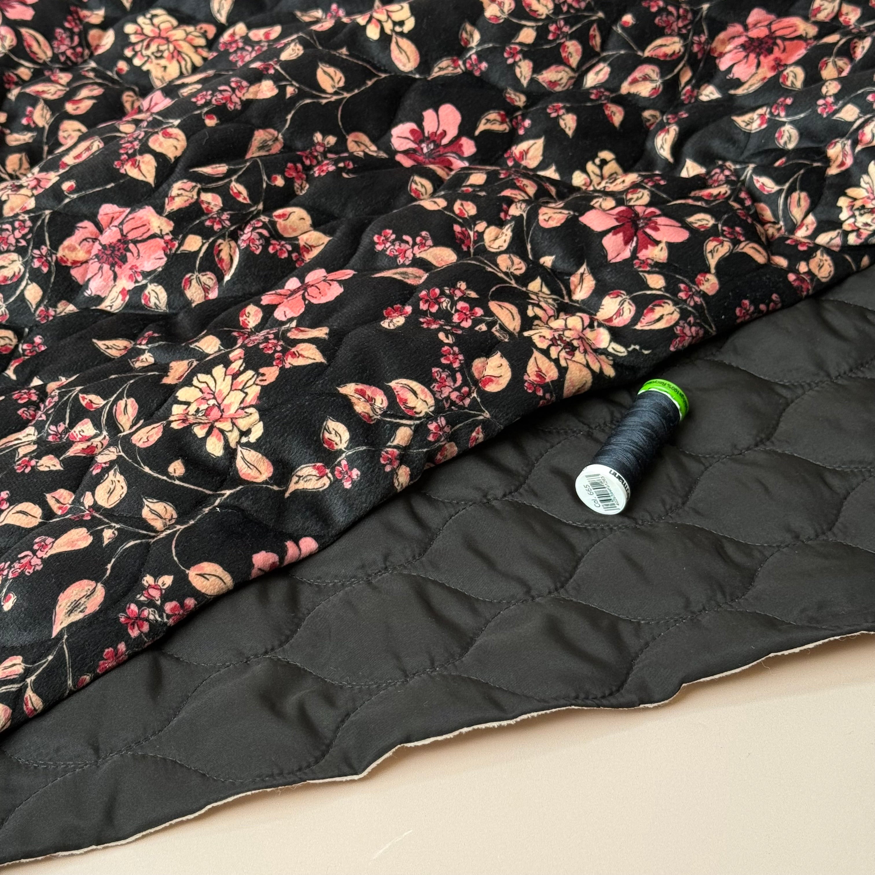Autumn Flowers on Black Quilted Velvet Fabric