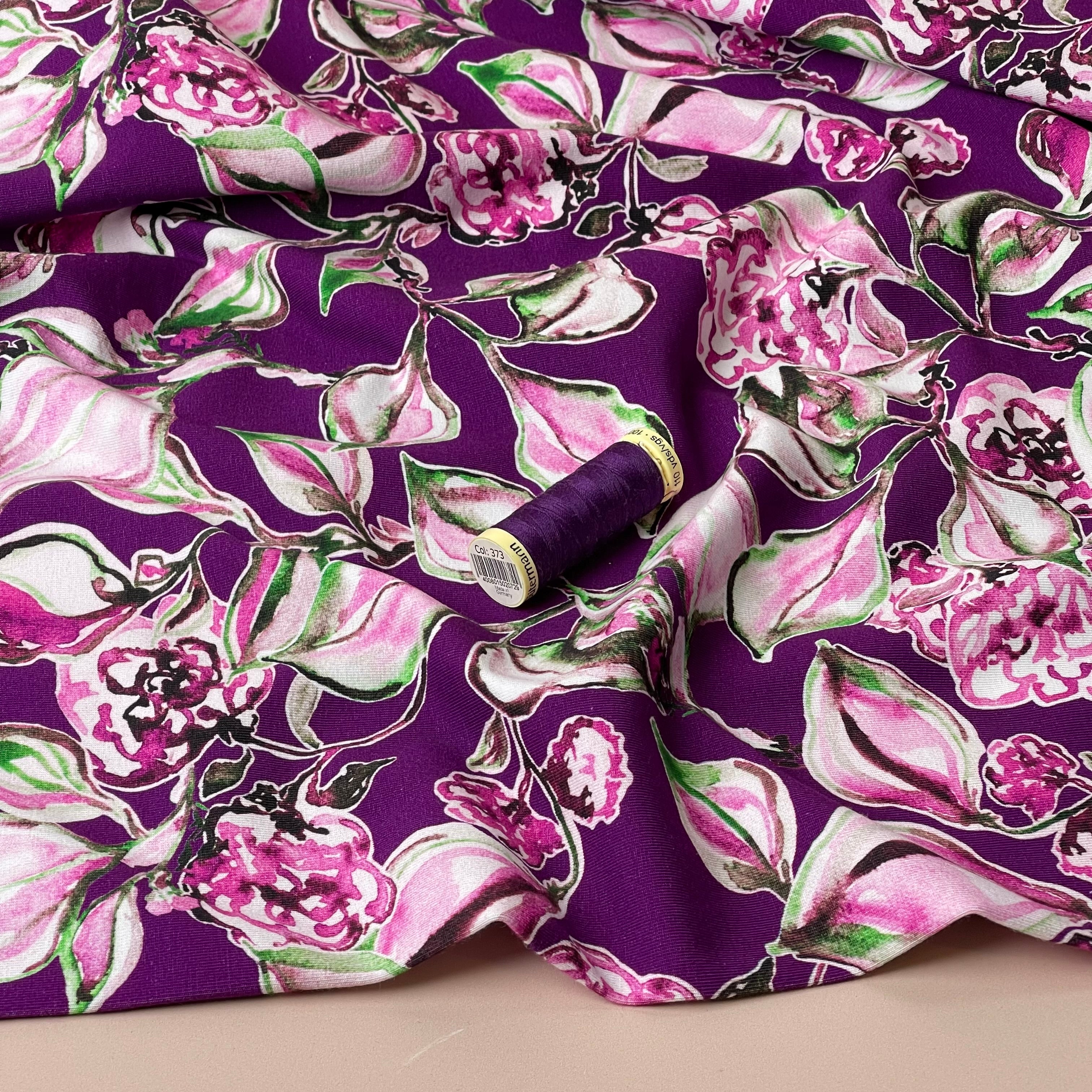 Danish Design - Painterly Flowers on Purple Cotton Jersey Fabric