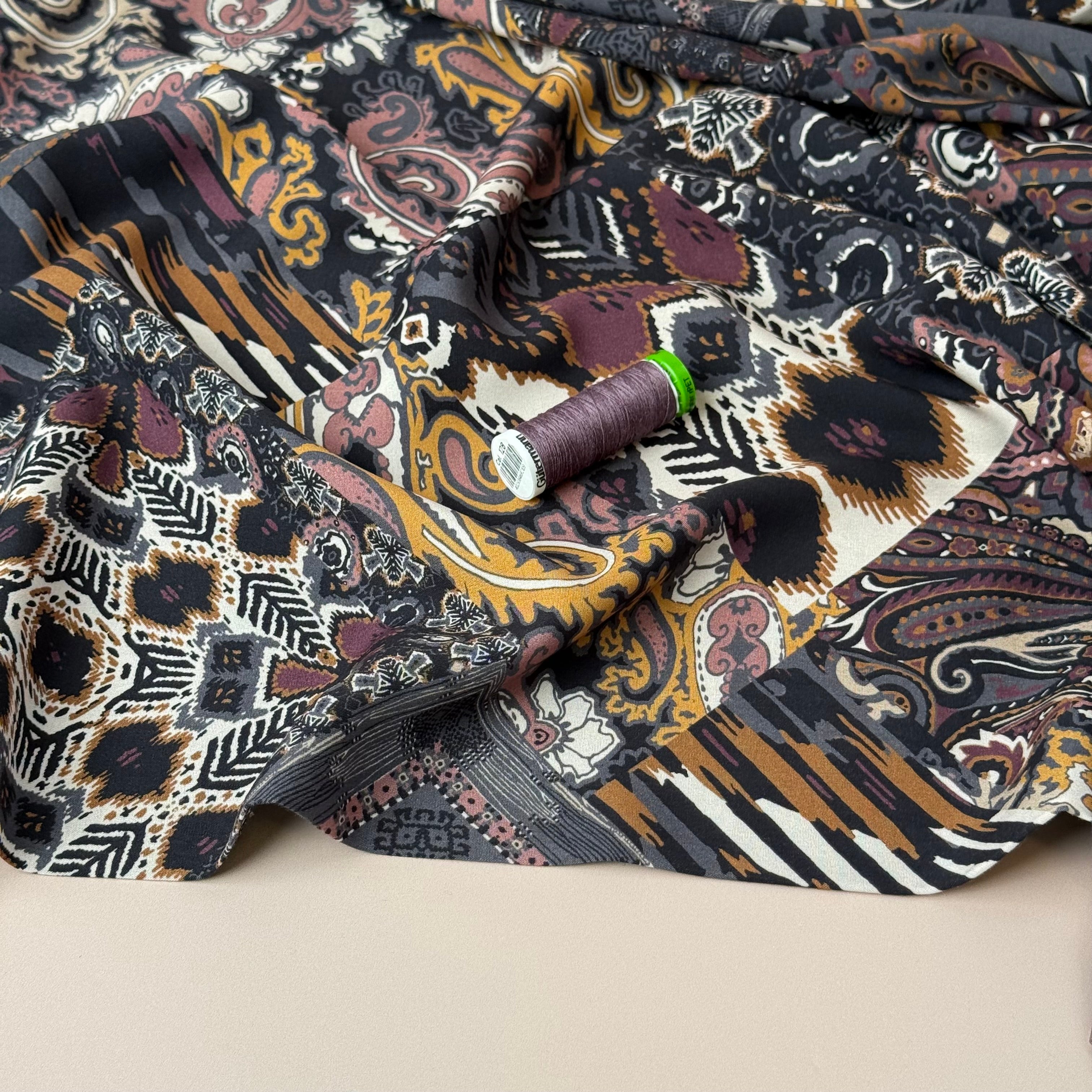 Bohemian Tiles Neutral Viscose Fabric
