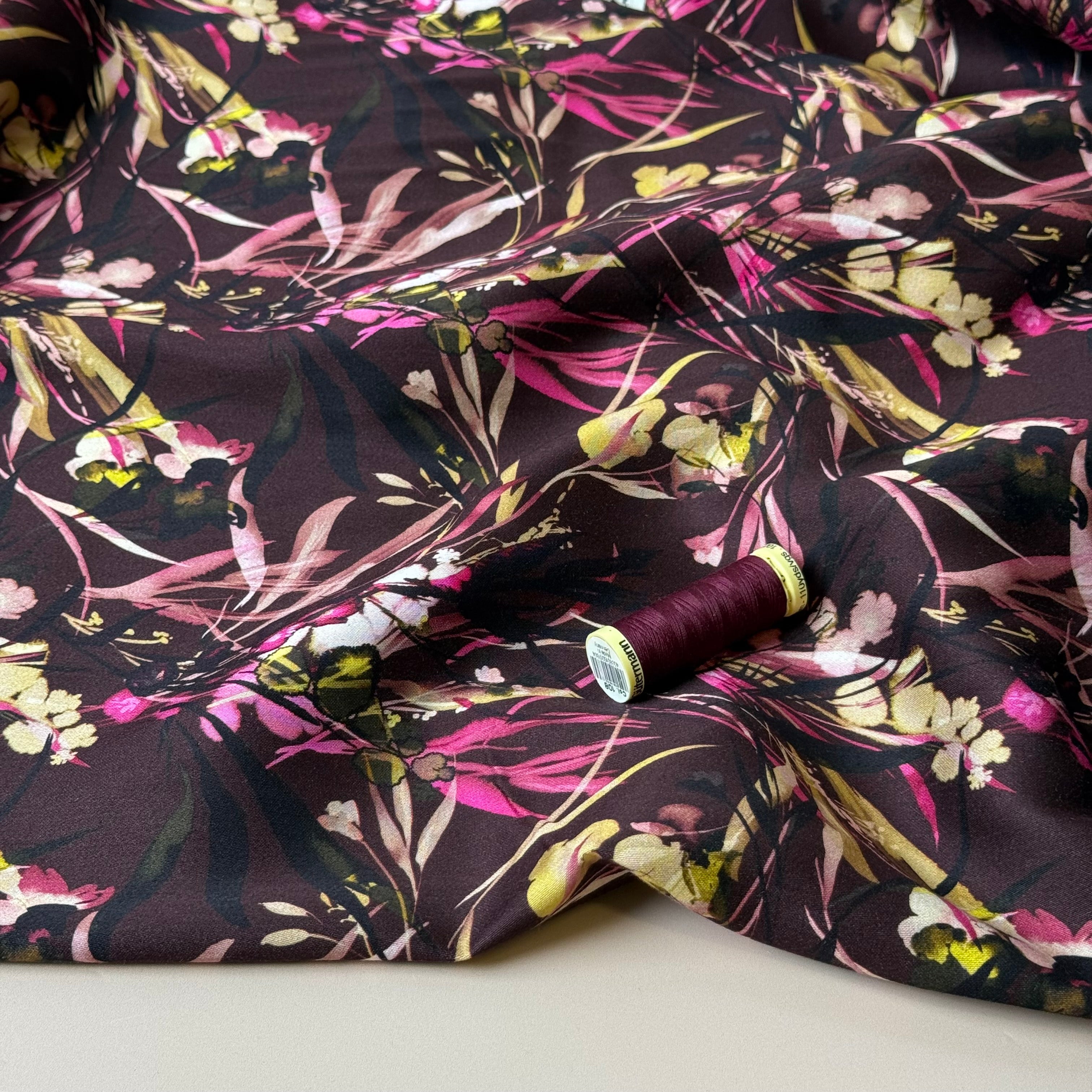 Autumn Foliage Aubergine Viscose Sateen Fabric