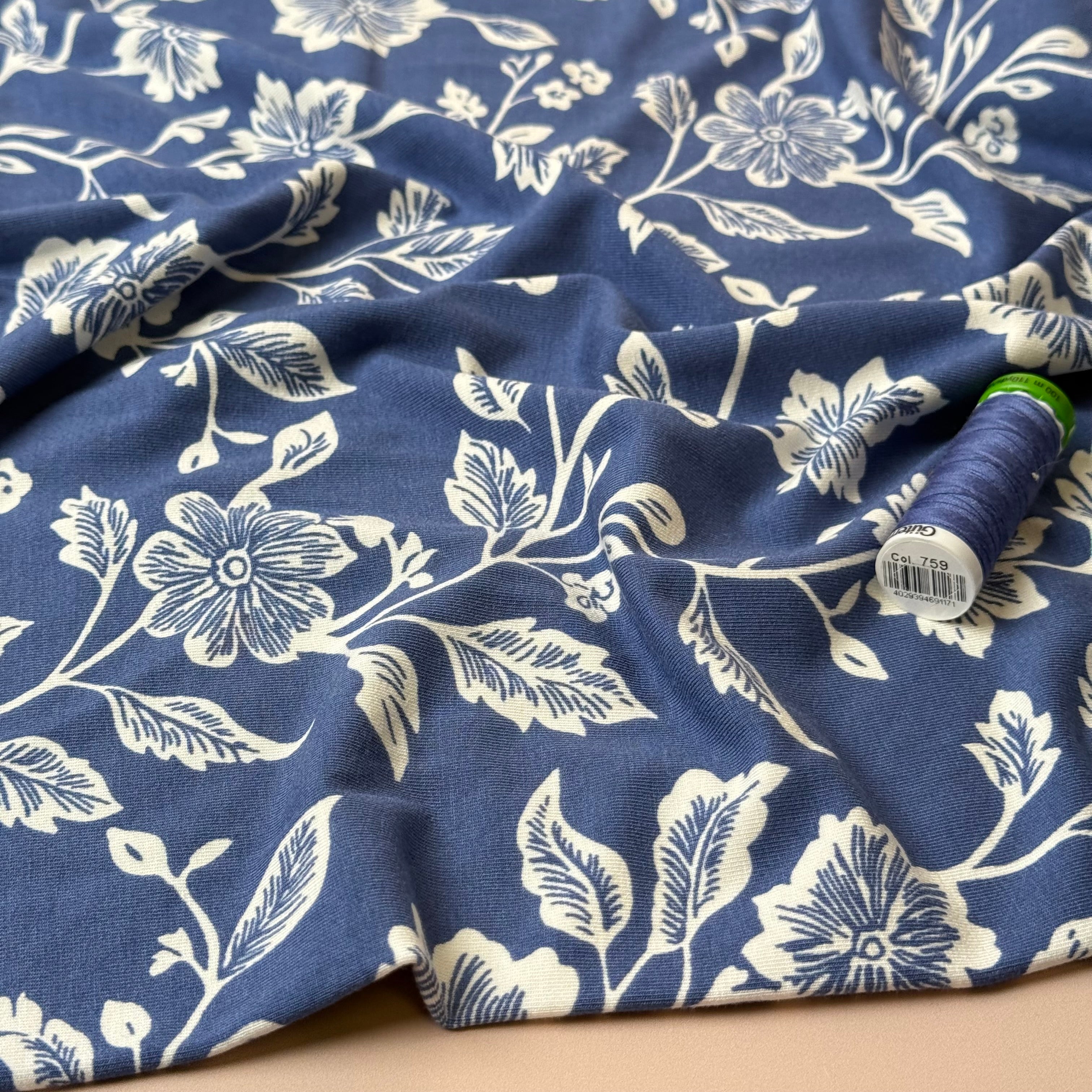 Flowers on Coastal Blue Viscose Jersey Fabric