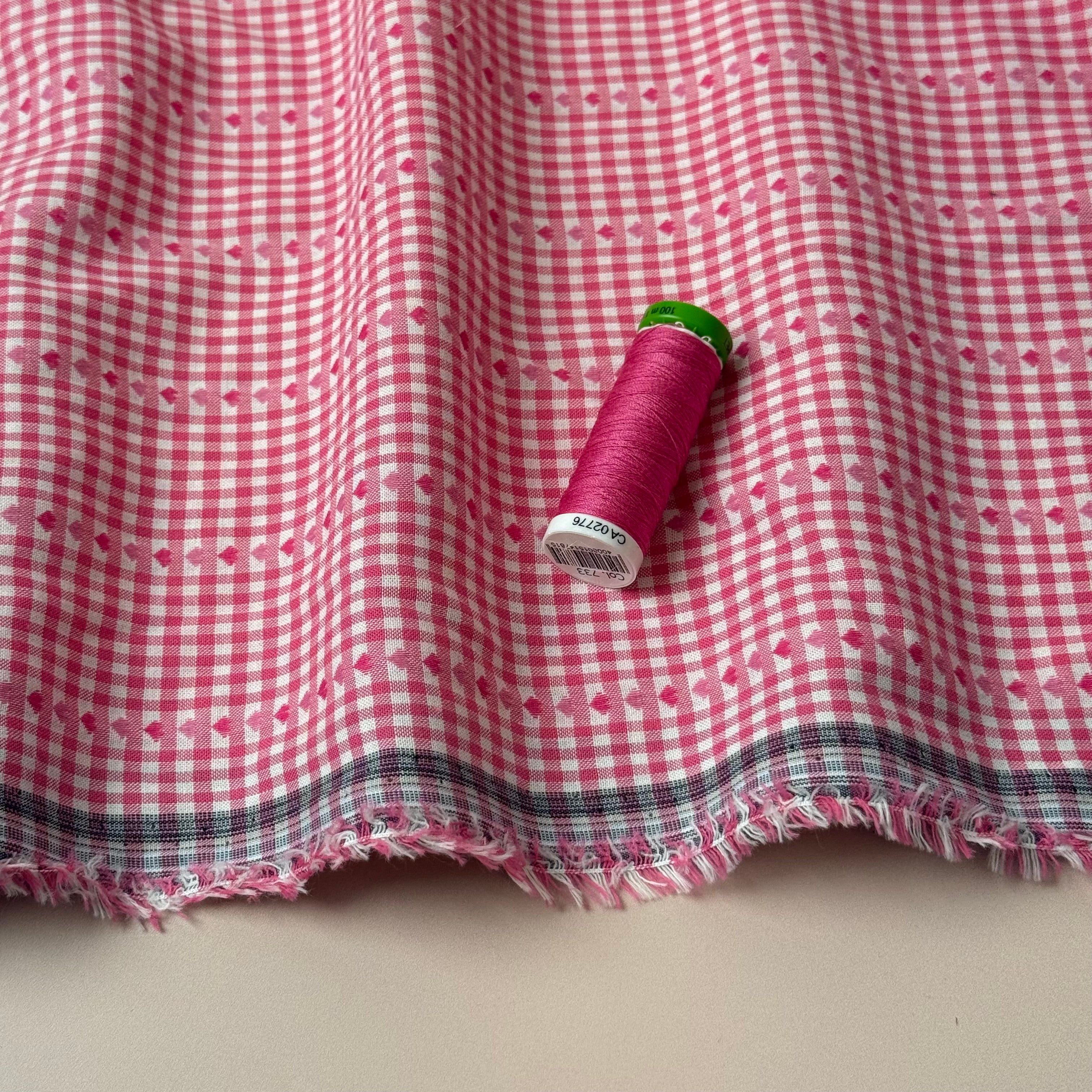 Hearts on Pink Gingham Yarn Dyed Cotton Jacquard