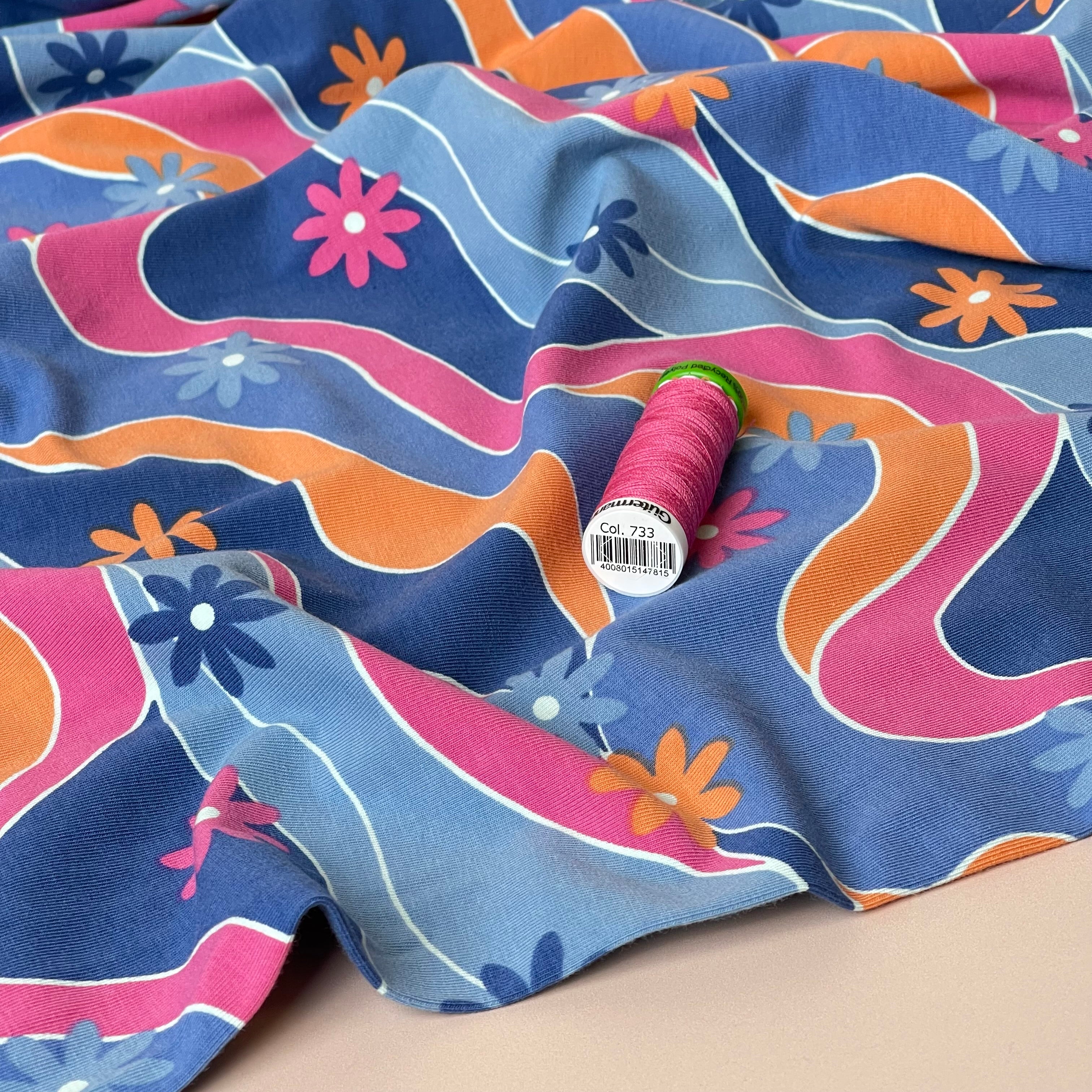 Retro Daisies on Blue Cotton Jersey Fabric