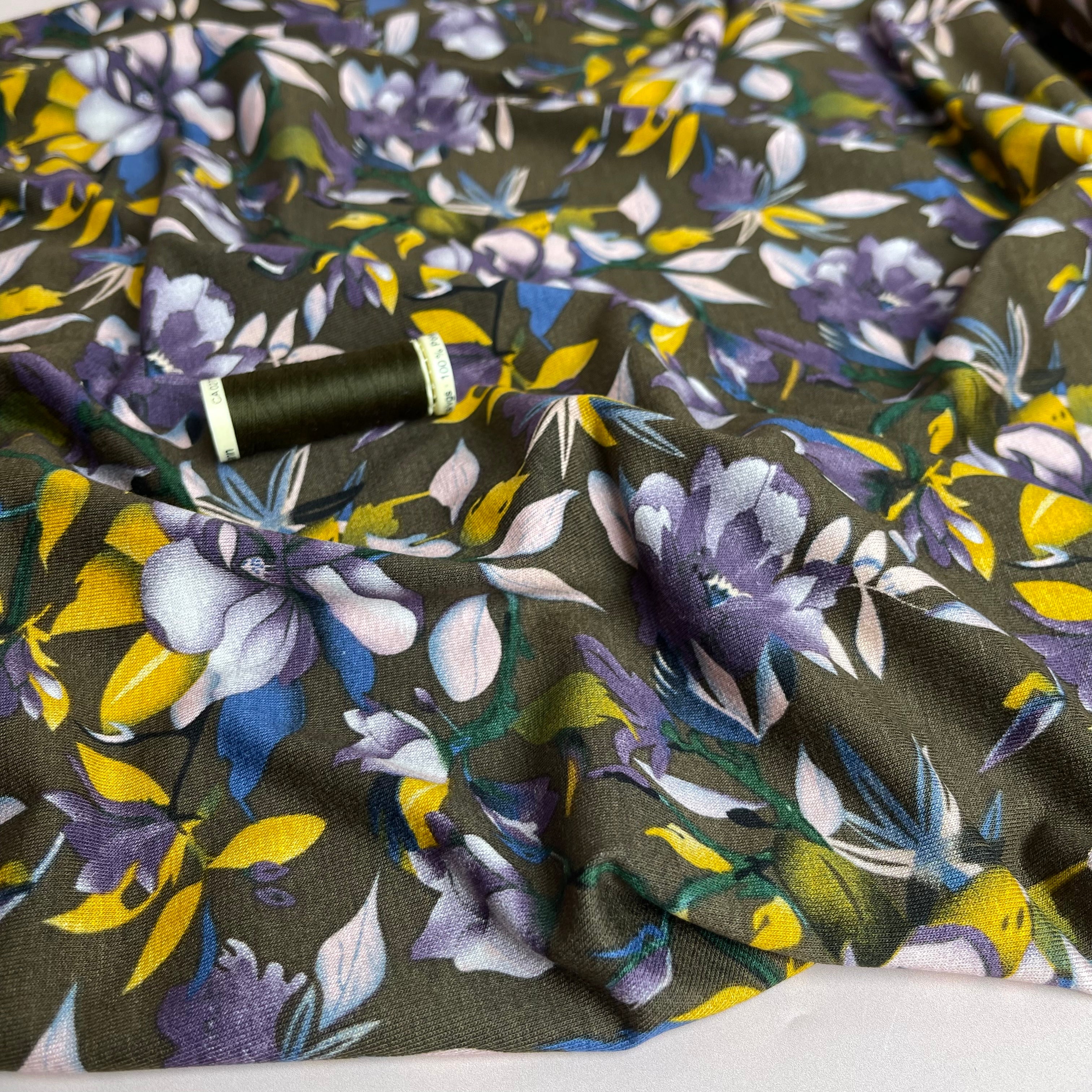 Purple Bouquet on Olive Viscose Jersey Fabric