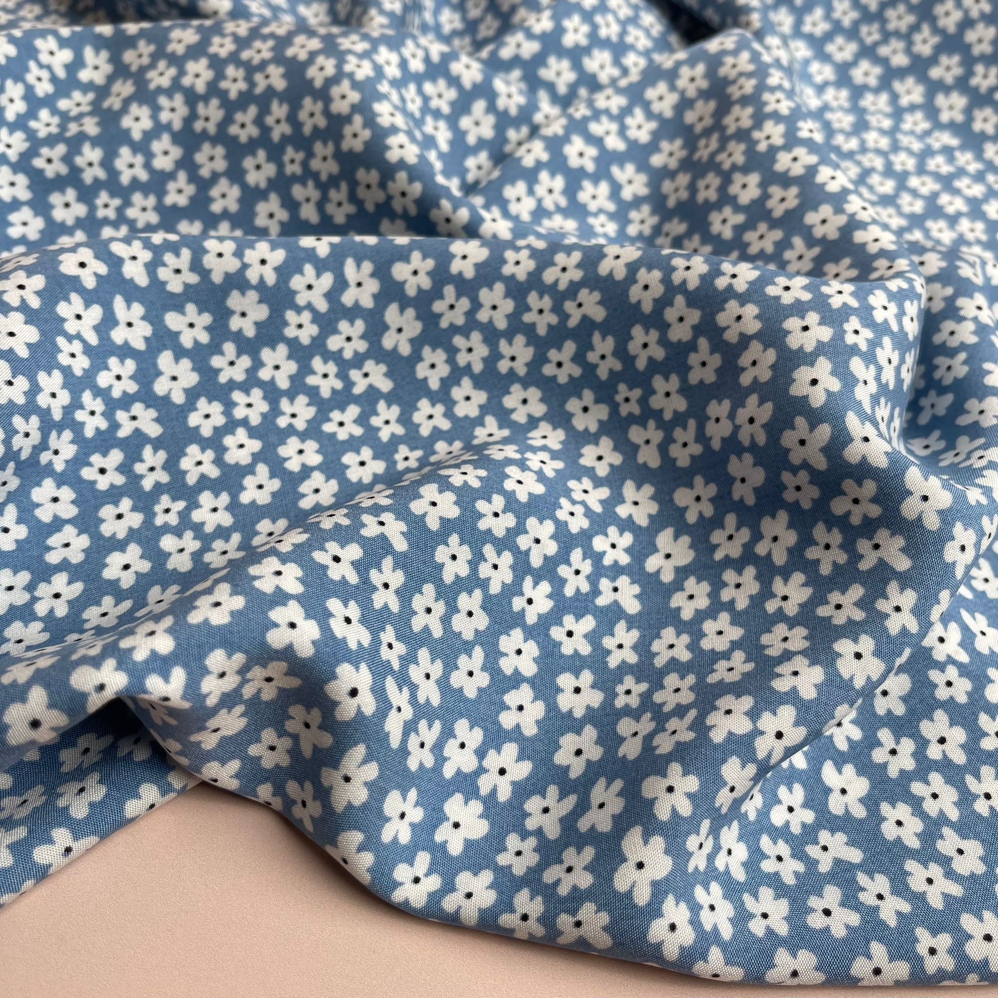 REMNANT 1.2 Metres - Small Flowers Light Blue Viscose / Rayon Fabric