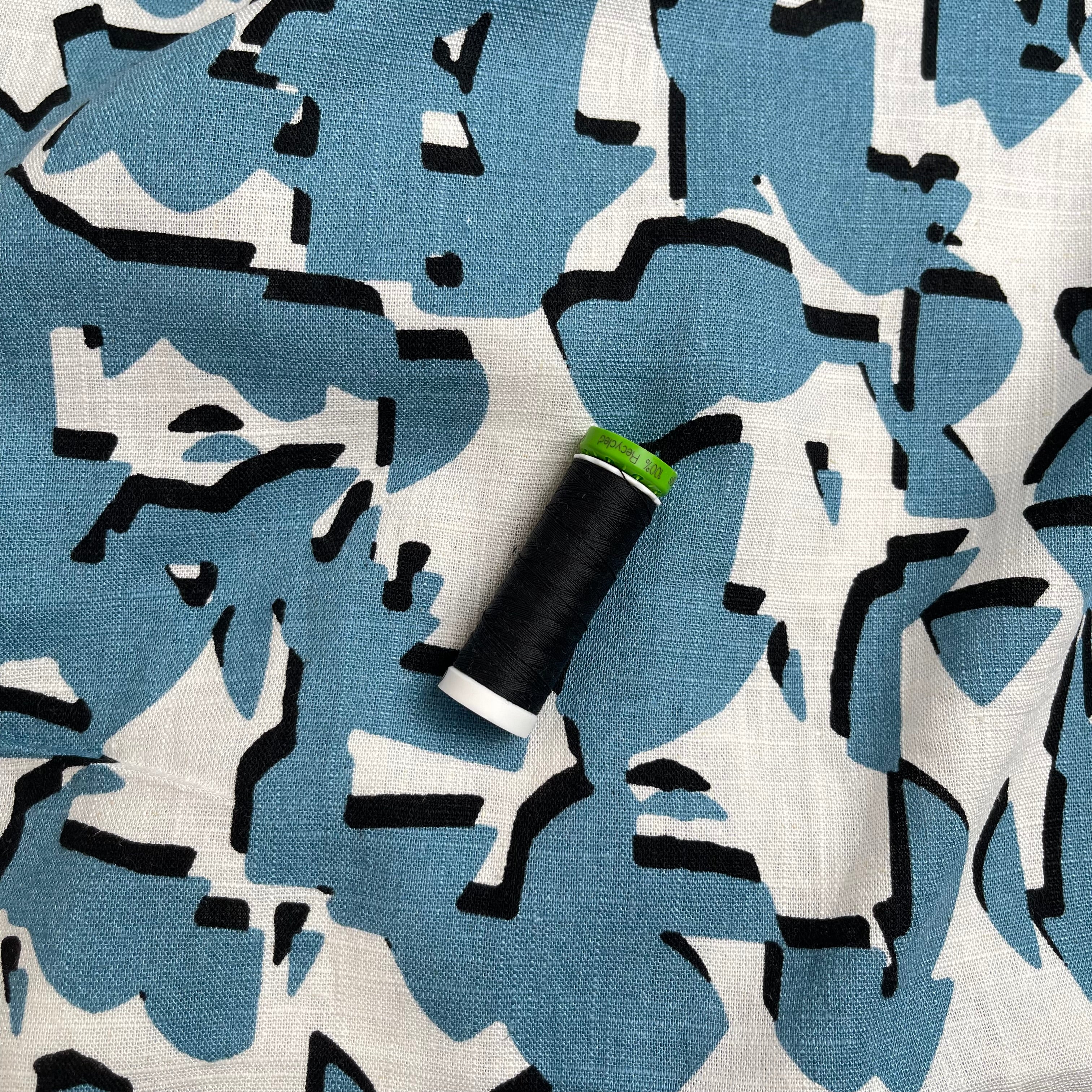 REMNANT 0.37 Metres (with faded patch) - Shapes Blue Linen Viscose Blend Fabric