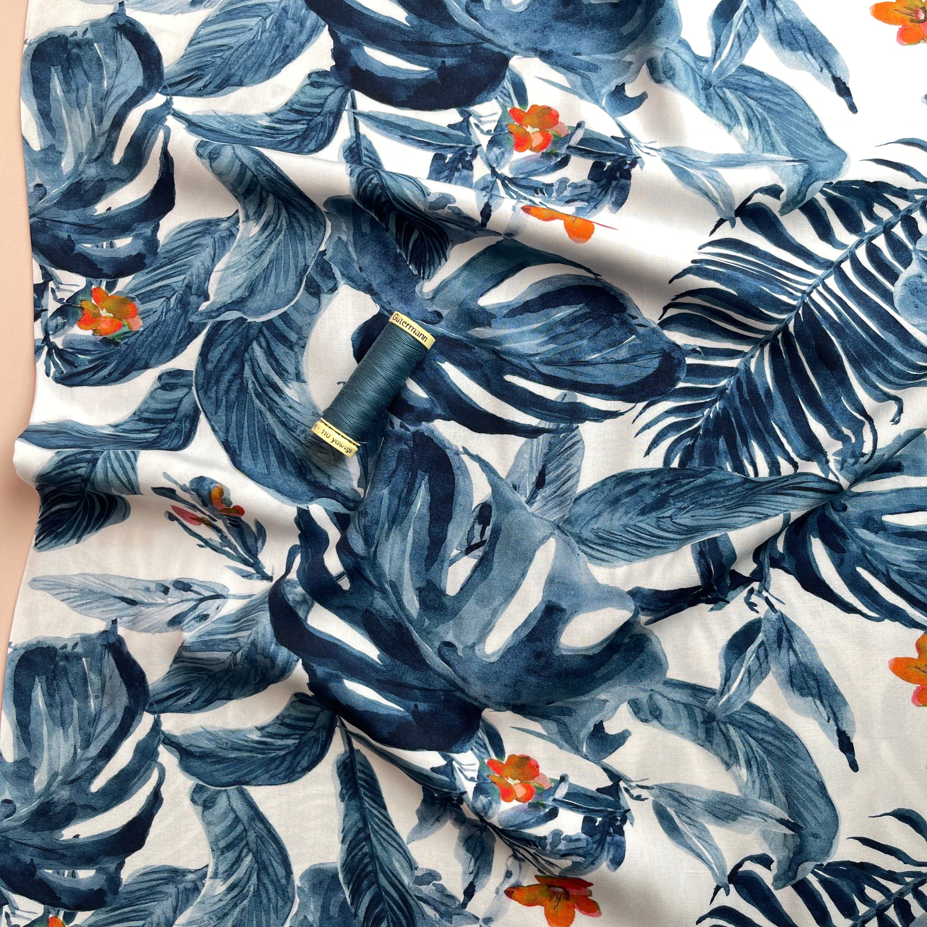 REMNANT 0.61 Metre - Tropical Plants Blue Viscose Fabric