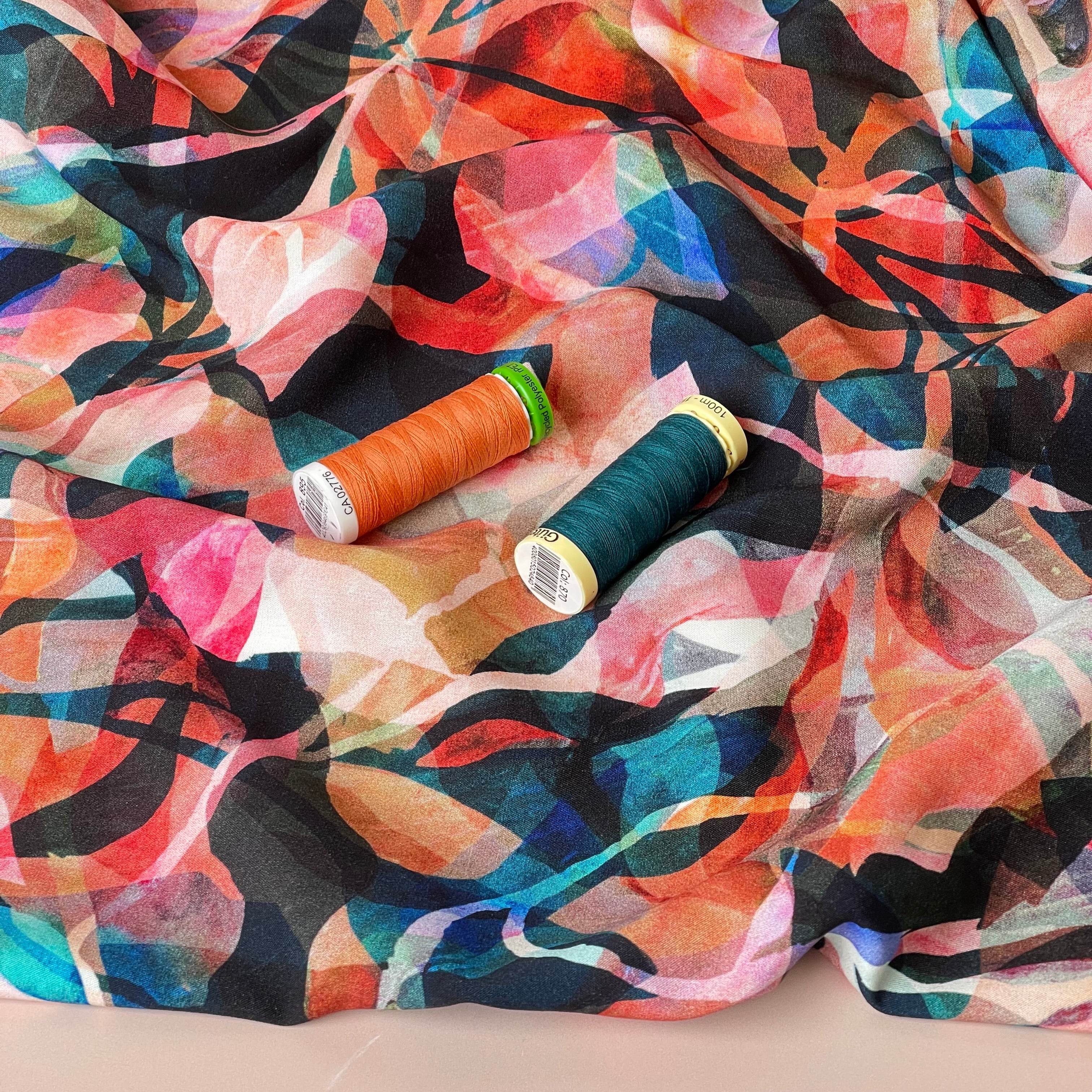 REMNANT 1 Metre - Summer Party - Painted Foliage Sunset Viscose Fabric
