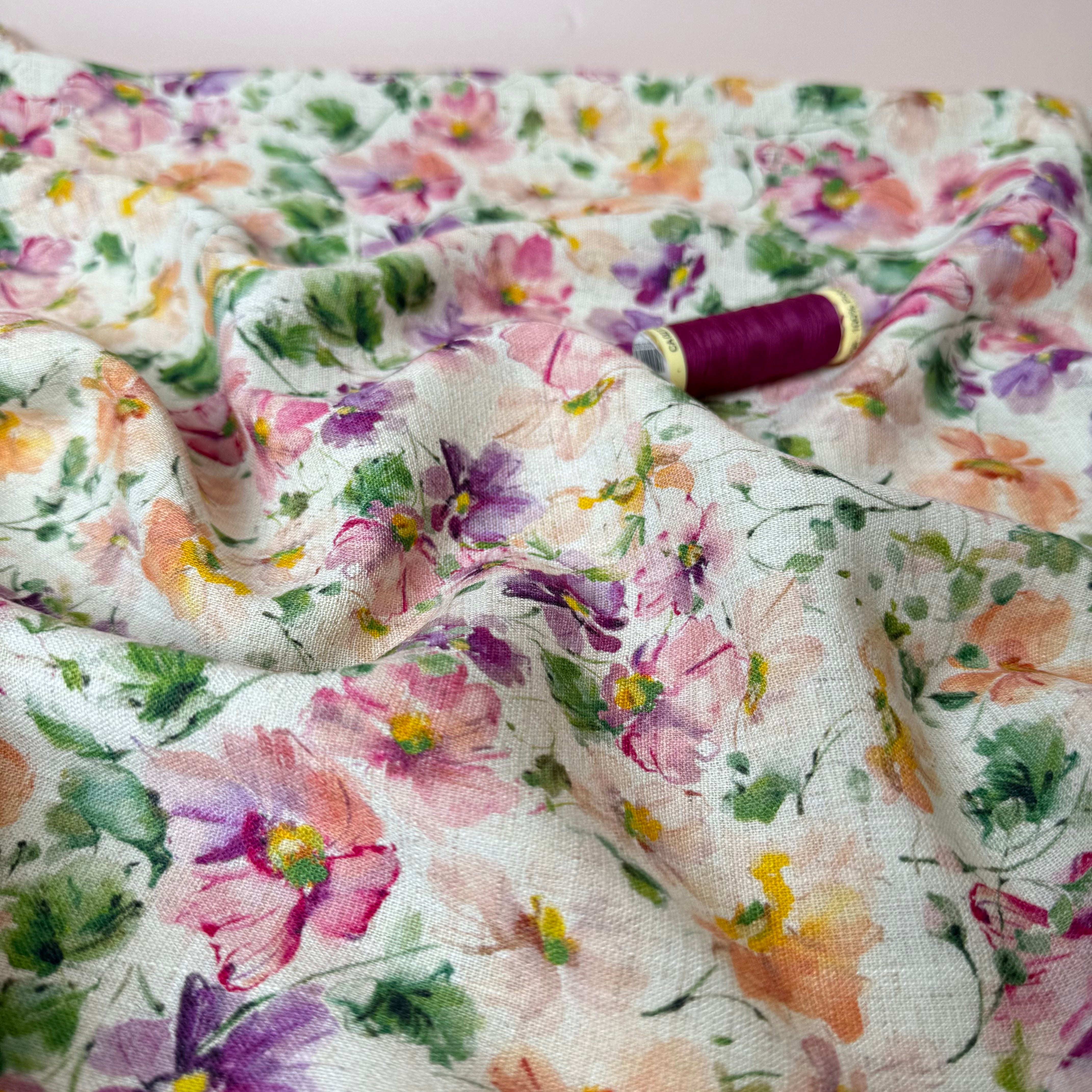 Spring Flowers Viscose Linen Crepe Fabric