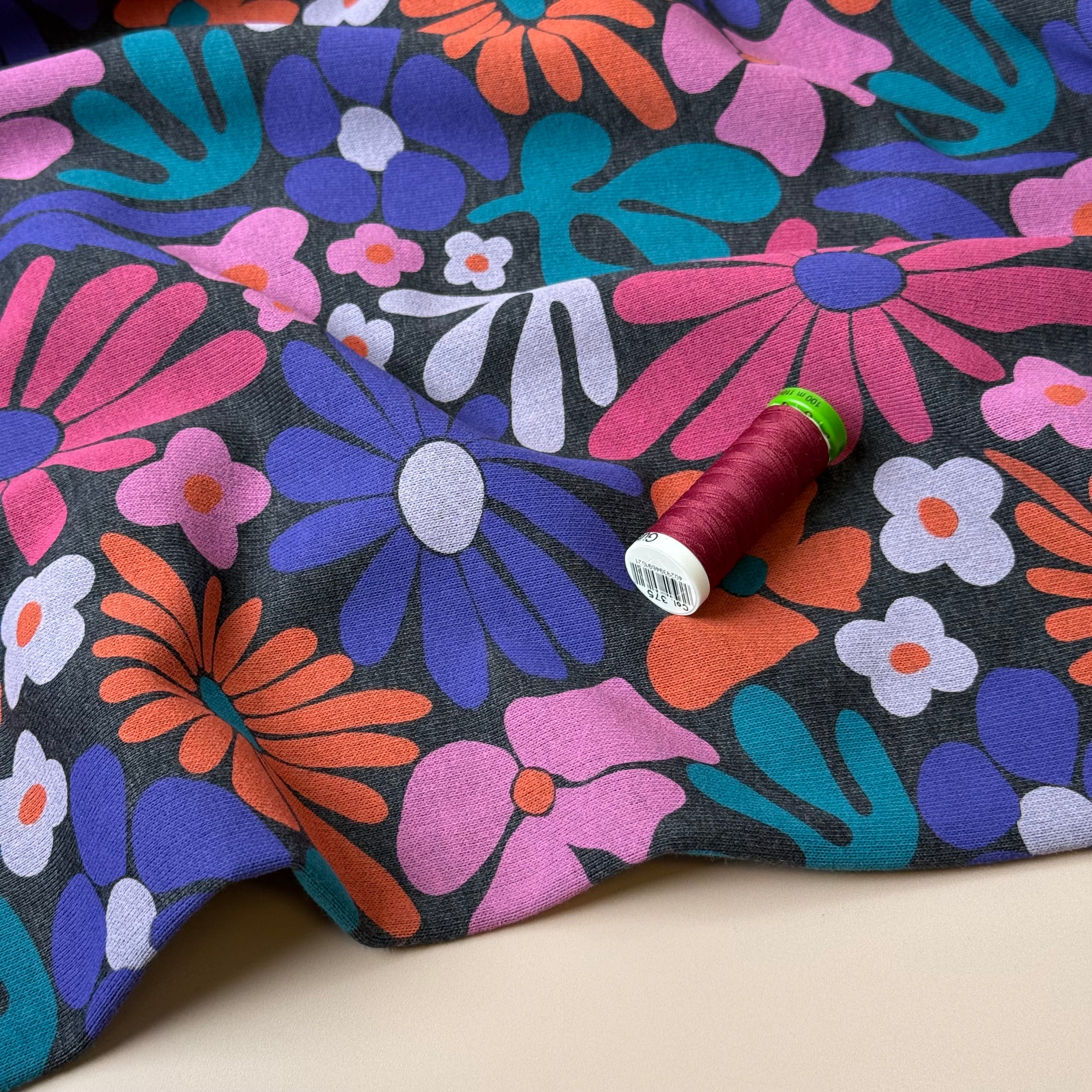 Flowers on Melange Grey Cotton Sweat-shirting Fabric