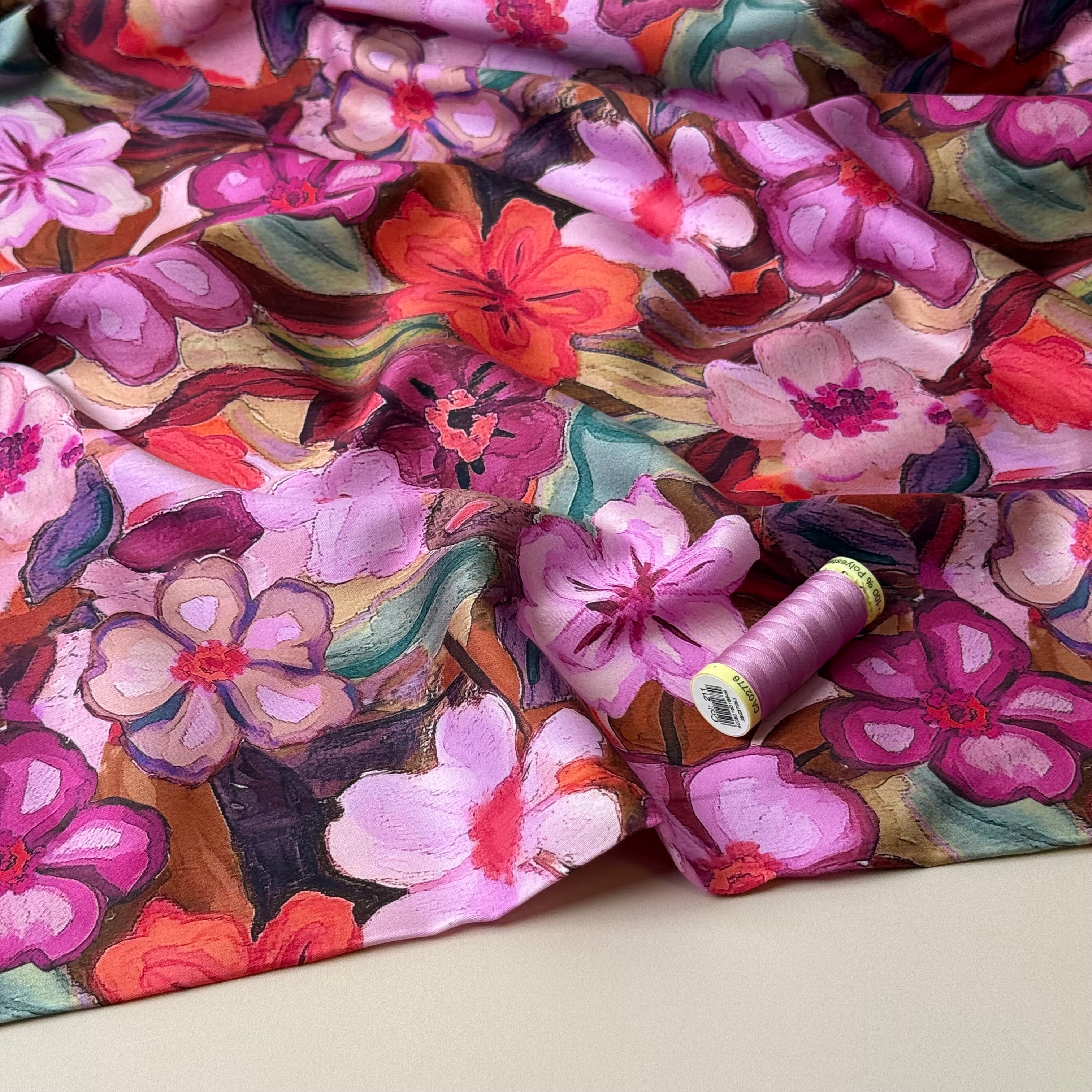 Pink Pastel Flowers Cotton Sateen Fabric