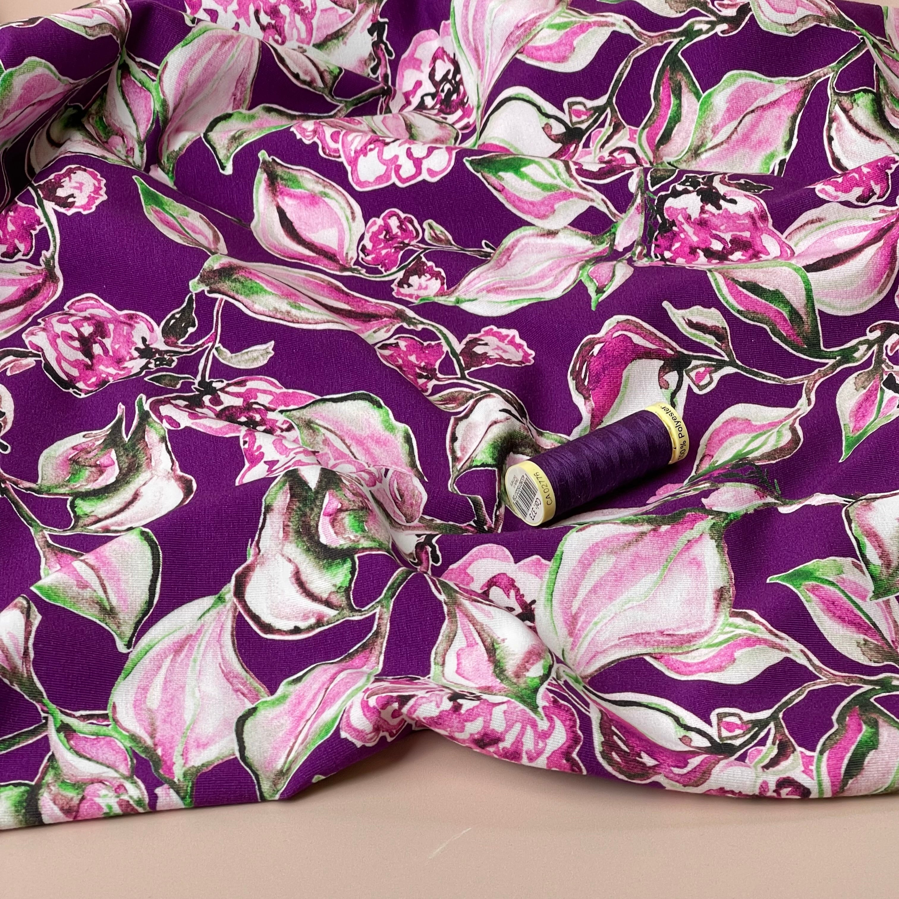 Danish Design - Painterly Flowers on Purple Cotton Jersey Fabric