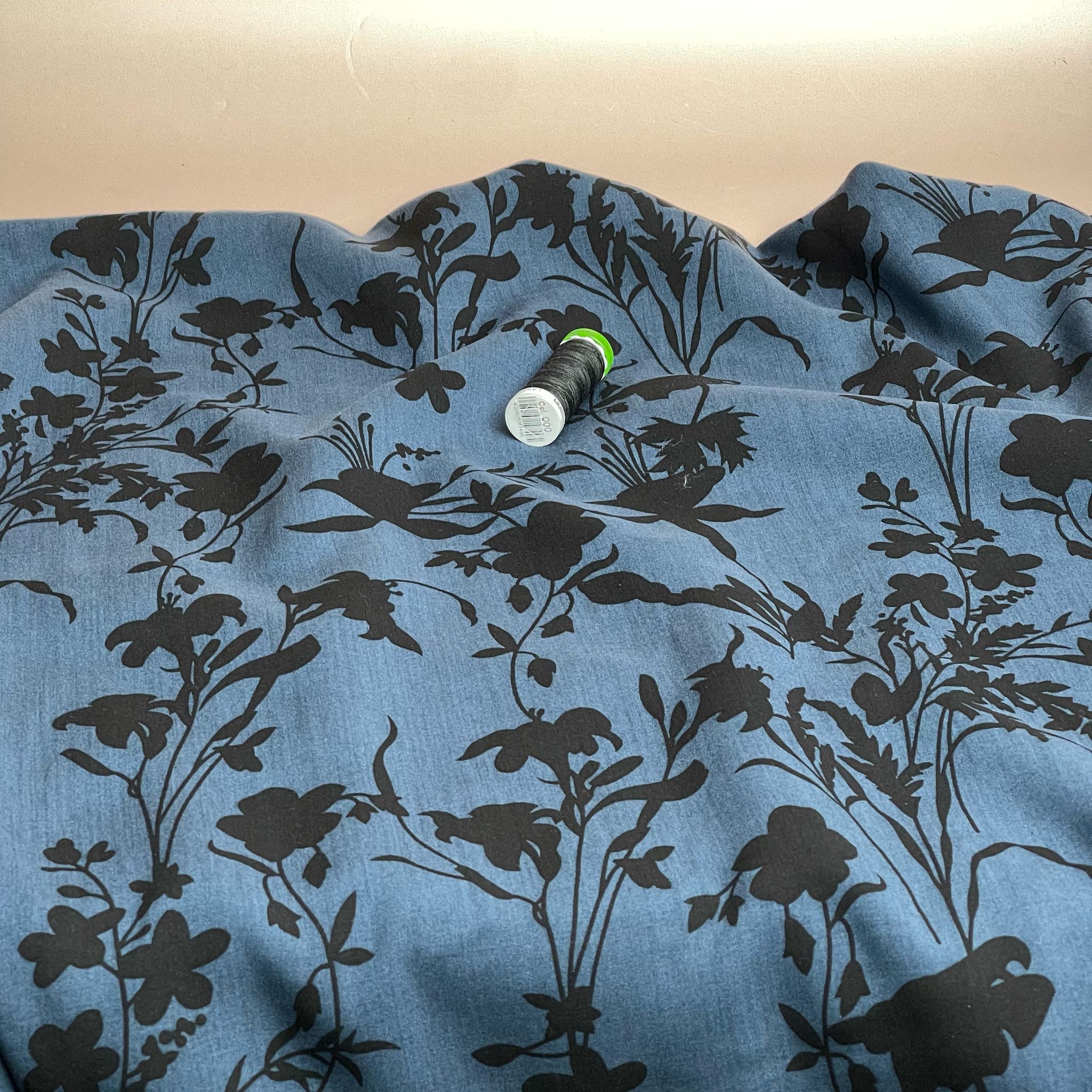 REMNANT 0.8 metres (some washable marks) Floral Shadows on Midnight Blue Viscose Fabric