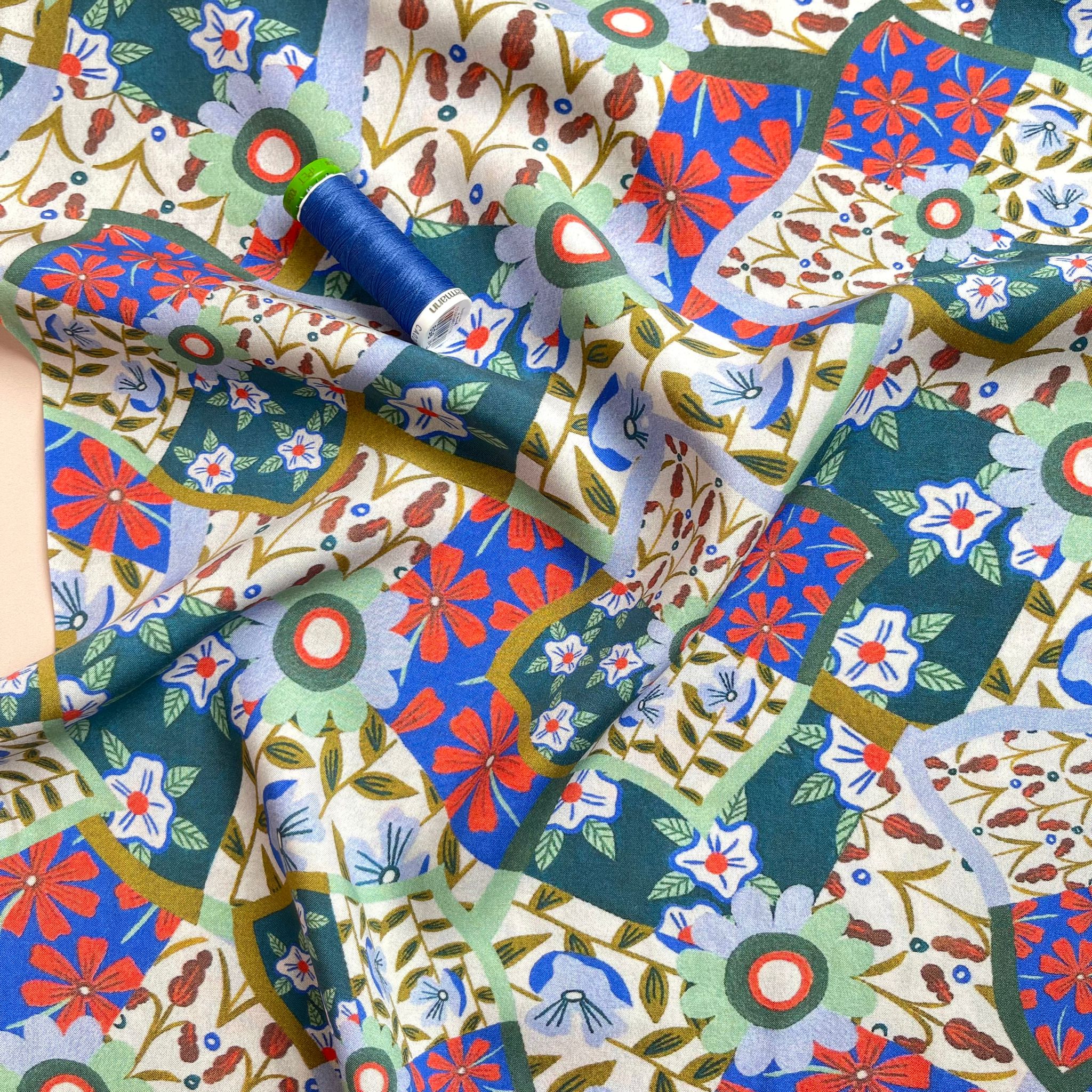 Floral Patchwork Print in Blue and Red Viscose Fabric