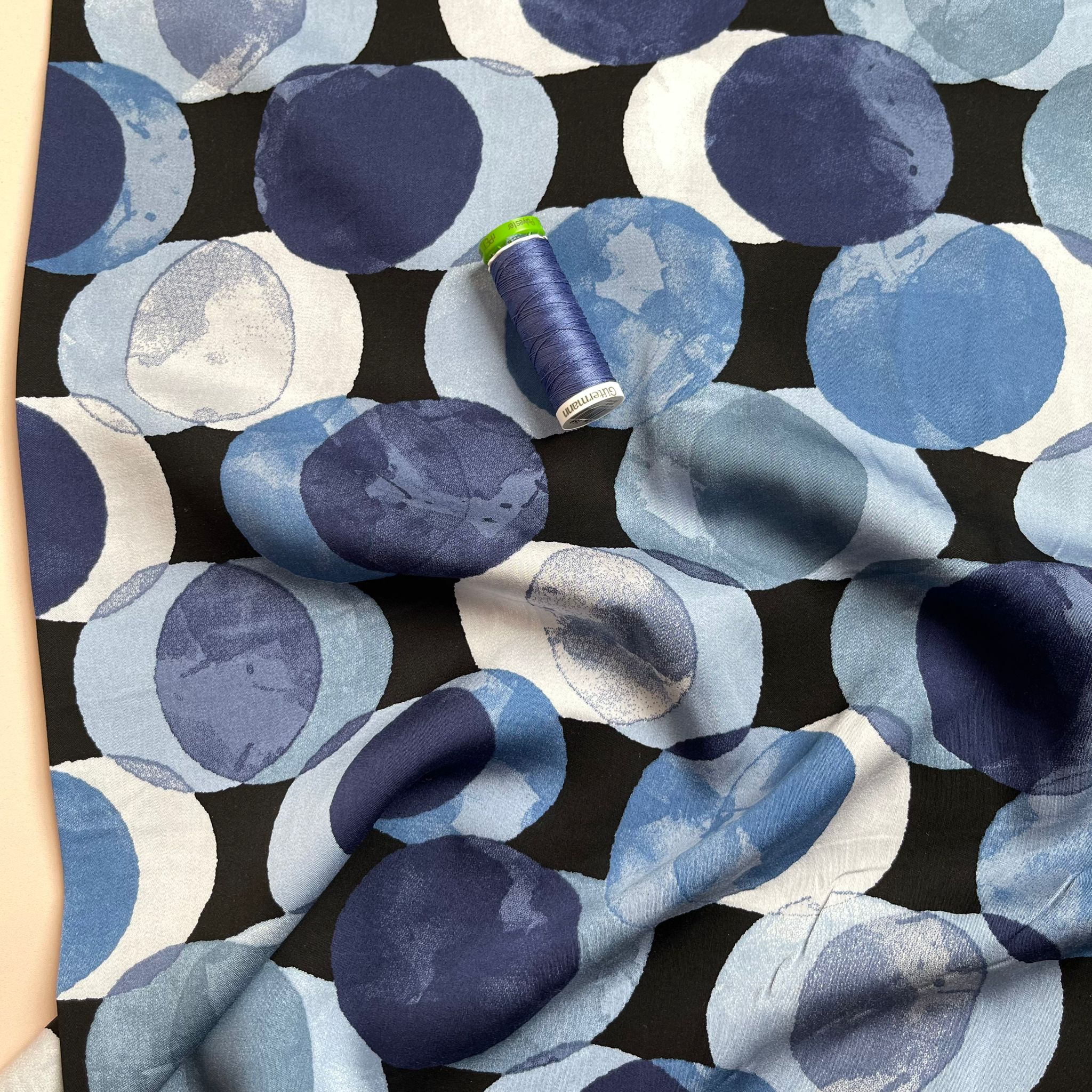 Watercolour Dots in Blue Viscose Sateen Fabric