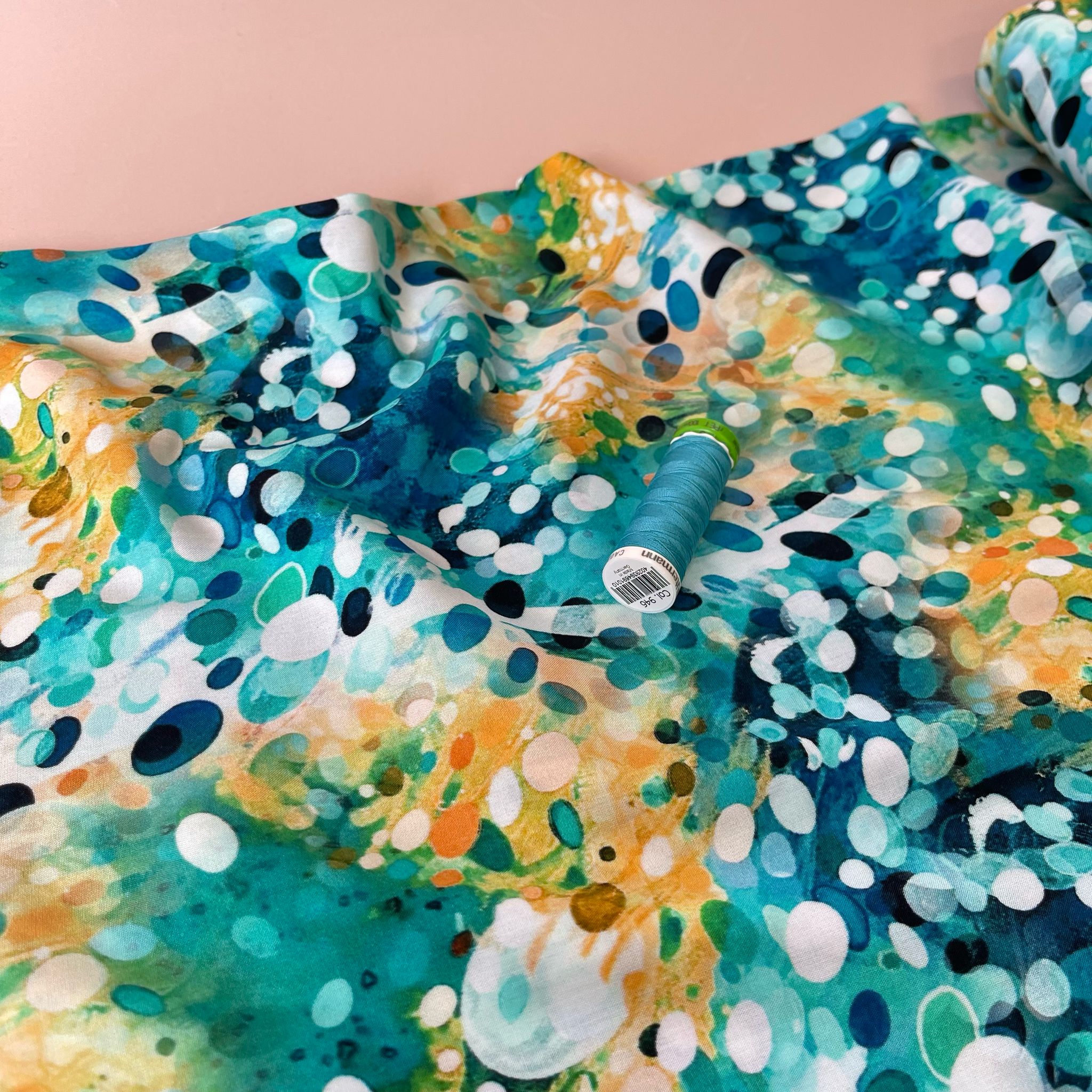 Ocean Watercolour Drops Viscose Poplin Fabric