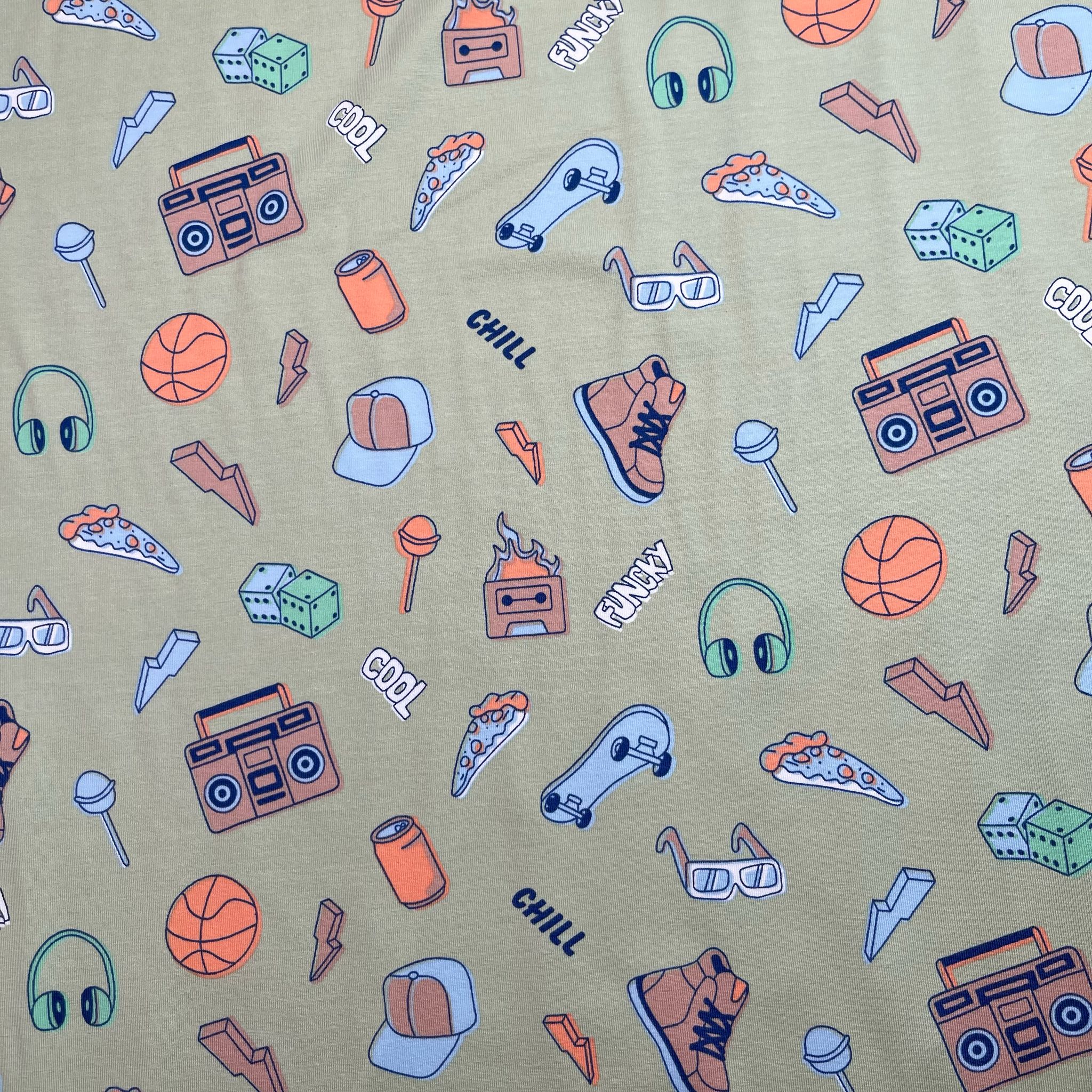 Cool Vibes on Lime Green Cotton Jersey Fabric
