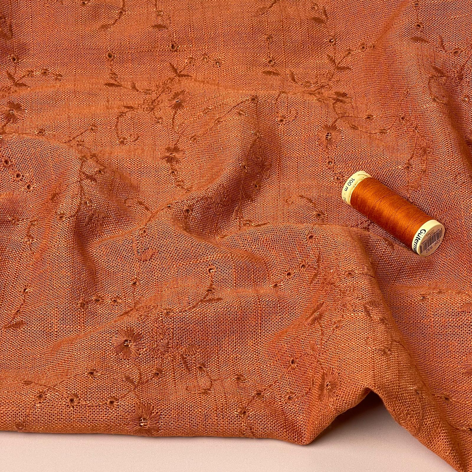 REMNANT 1.09 Metres - Floral Vines on Rust Embroidered Viscose Linen Fabric