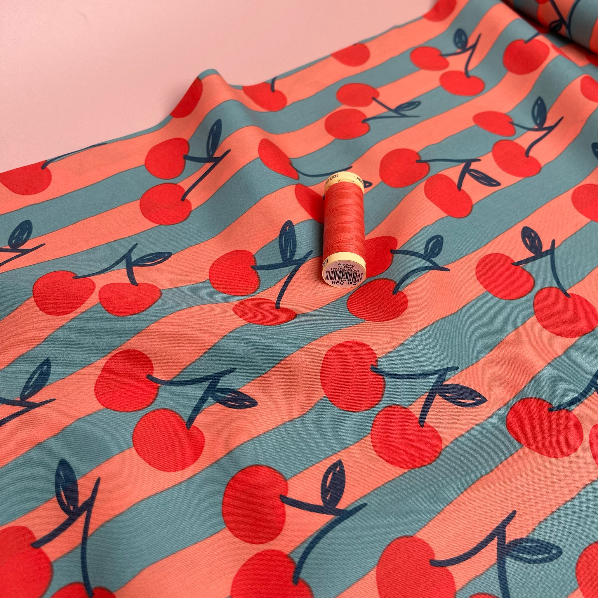 Funky Cherry Stripes on Turquoise Cotton Poplin Fabric