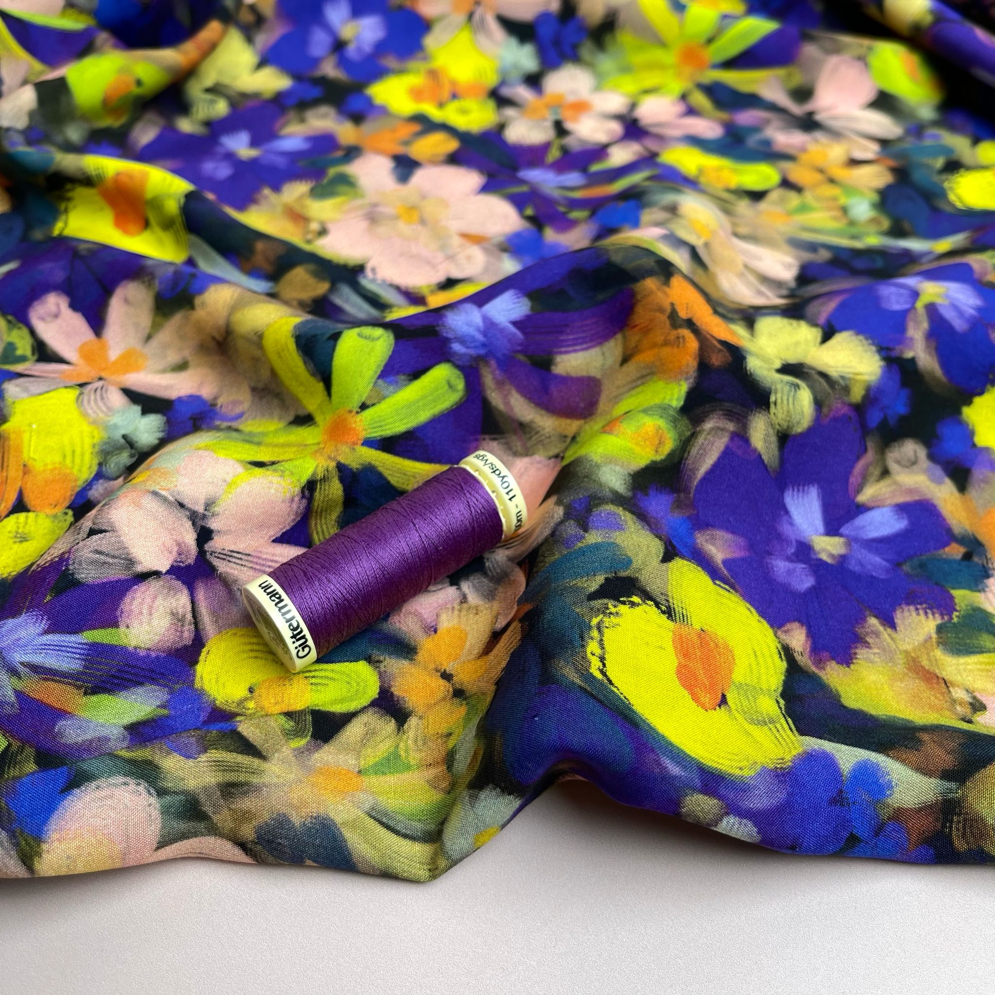 Purple and Yellow Florals Viscose Fabric