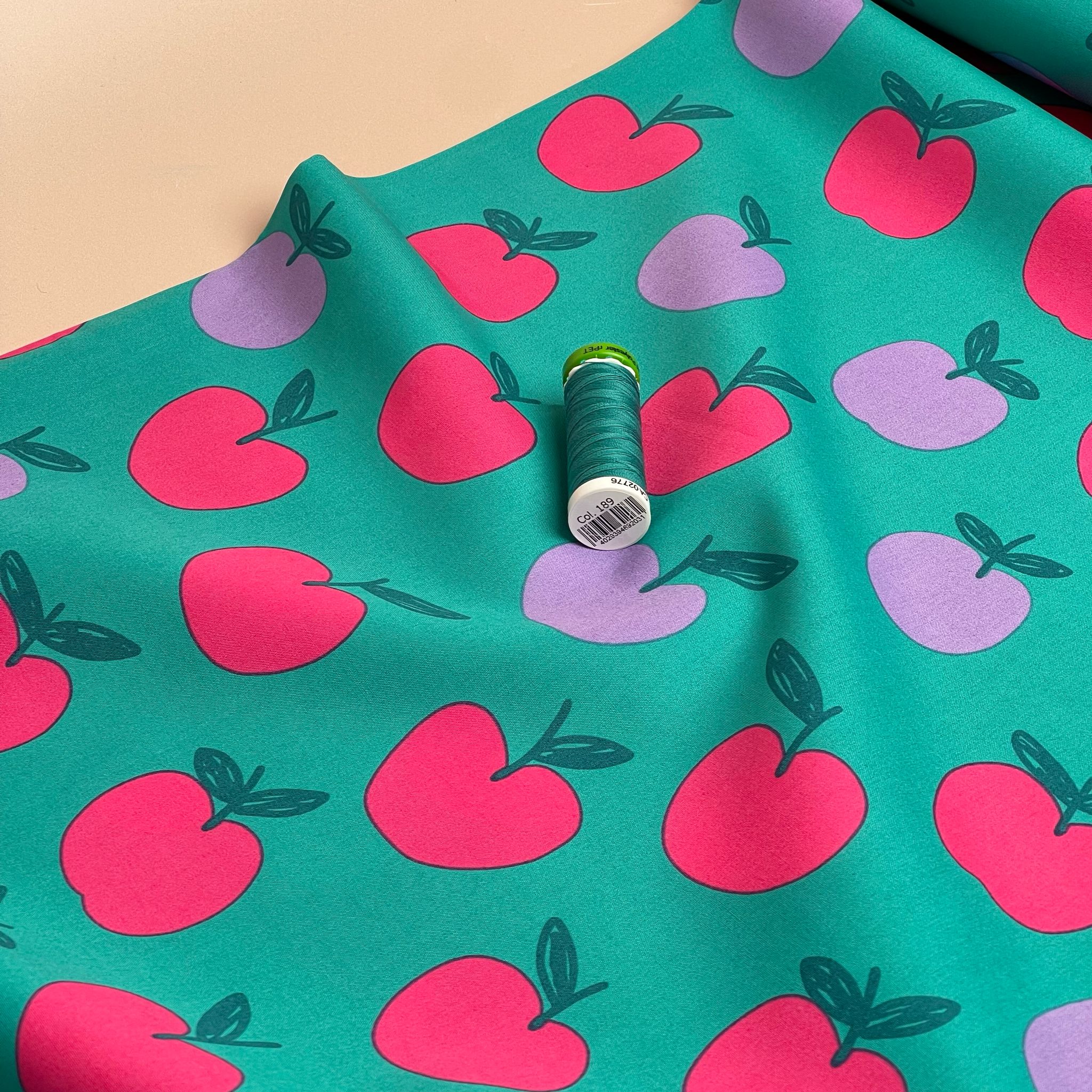 Funky Apples on Teal Cotton Poplin Fabric