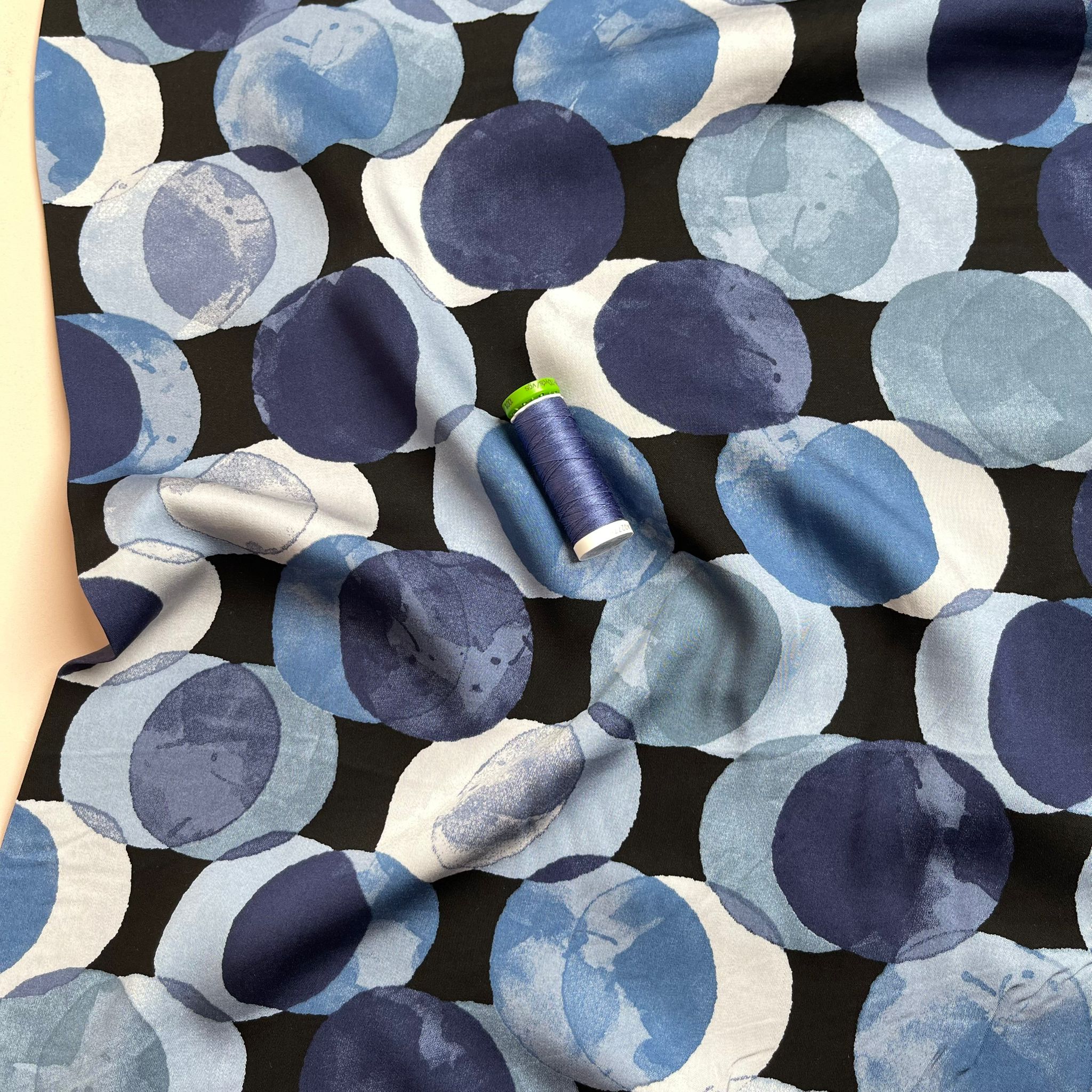 Watercolour Dots in Blue Viscose Sateen Fabric