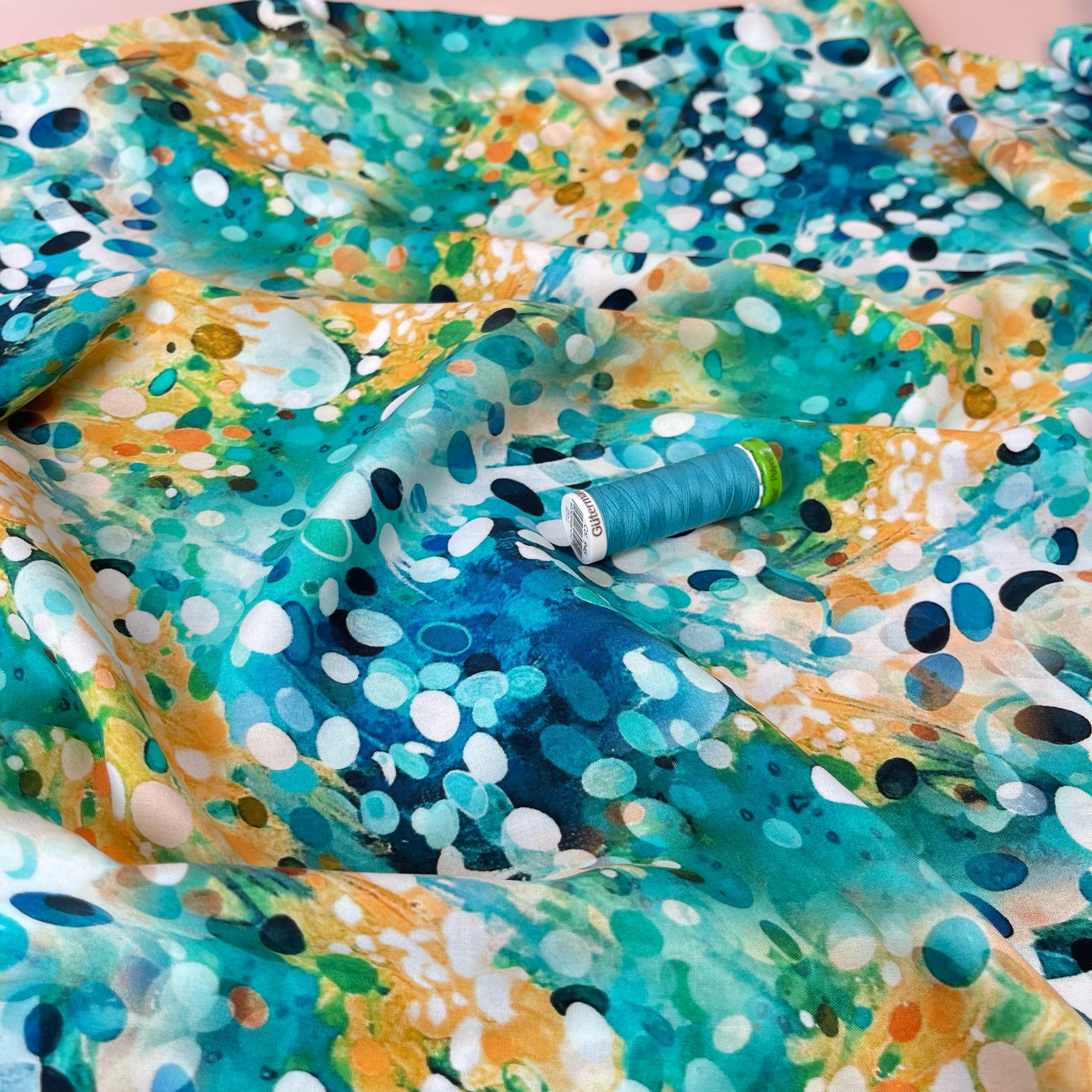 Ocean Watercolour Drops Viscose Poplin Fabric