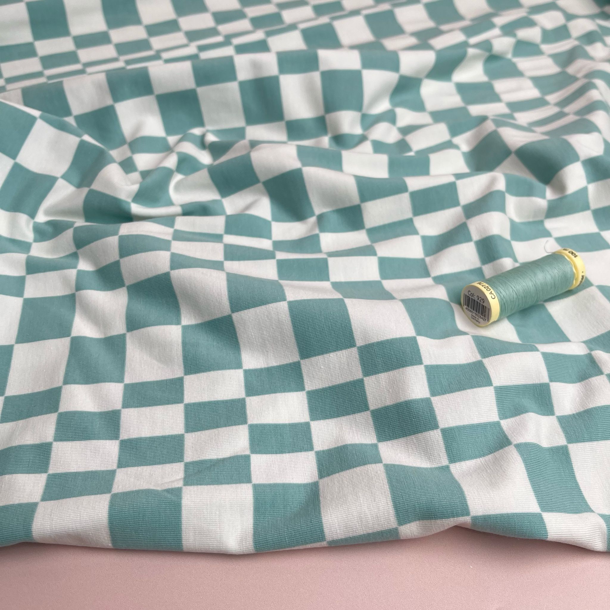 Checkers in Mint and White Cotton Jersey Fabric
