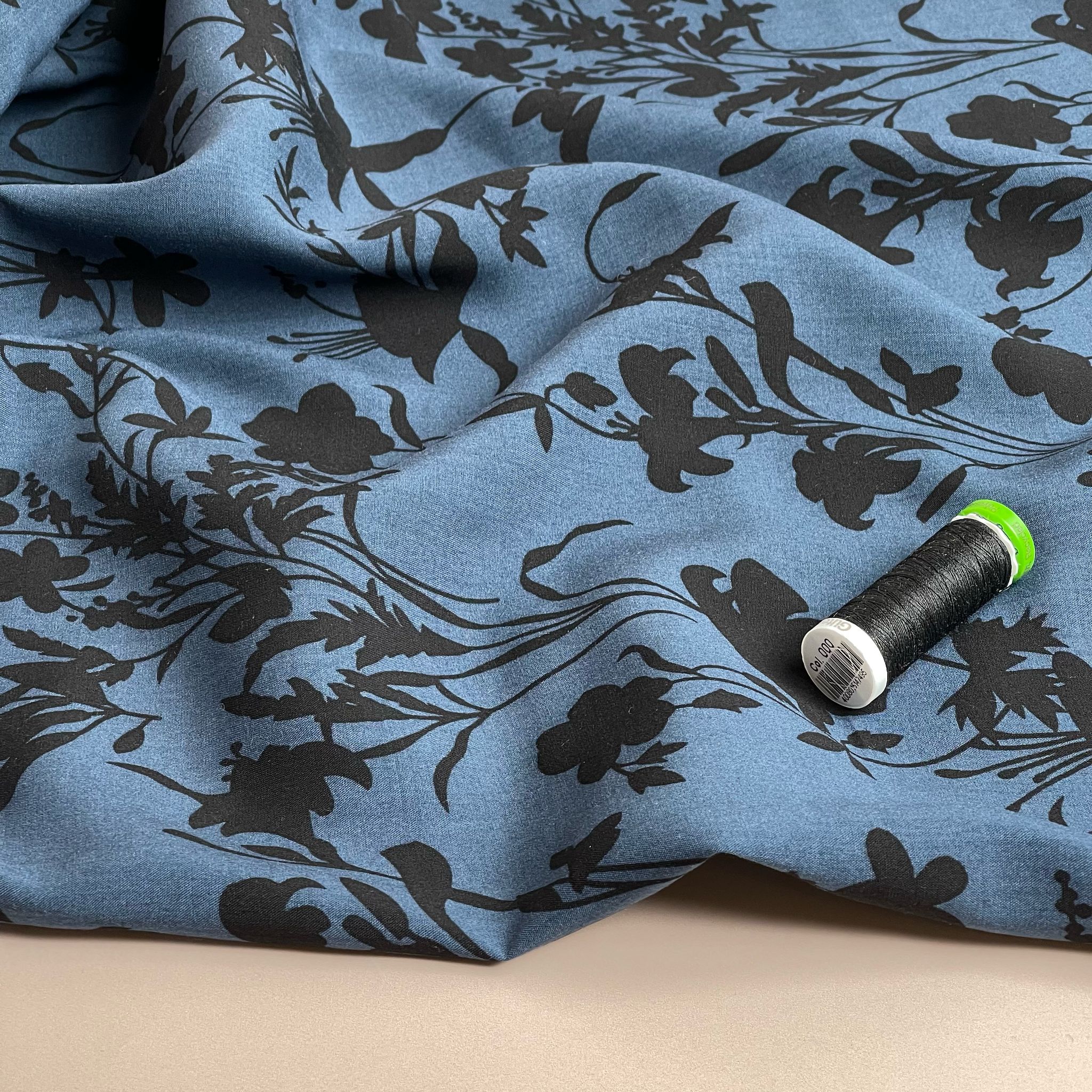 REMNANT 0.8 metres (some washable marks) Floral Shadows on Midnight Blue Viscose Fabric