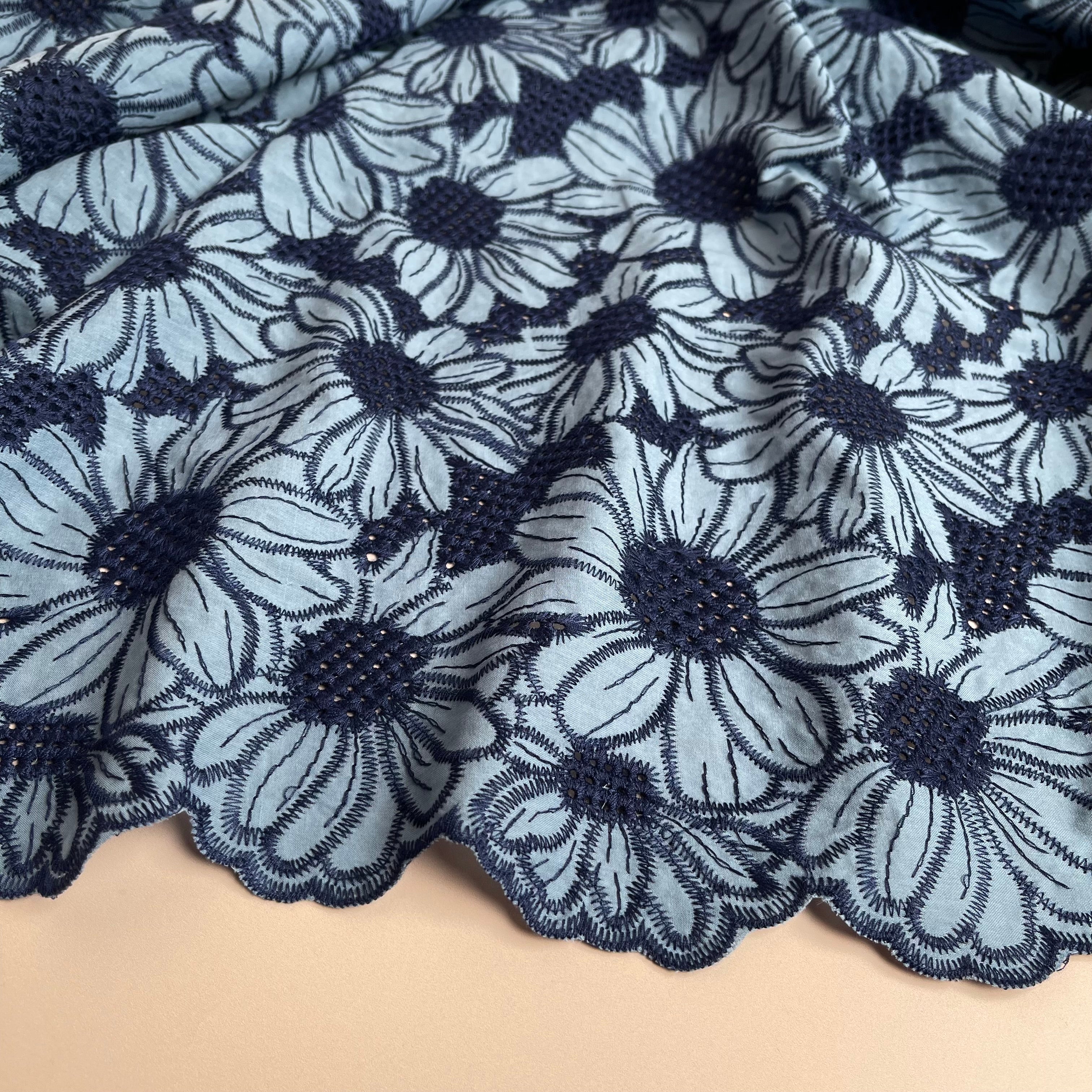 Scalloped Flowers Embroidered Cotton Fabric in Blue