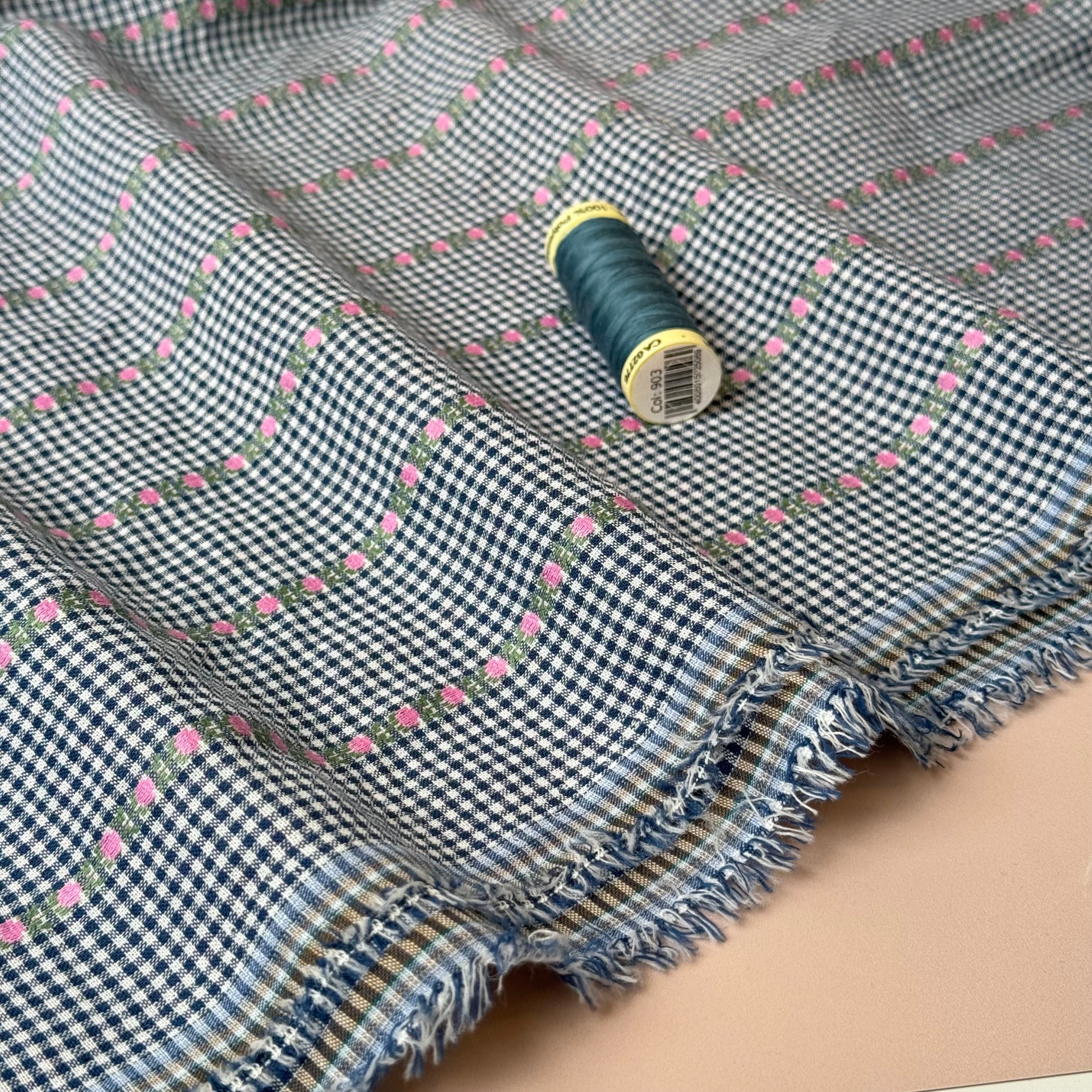 Tulips on Navy Gingham Yarn Dyed Cotton Jacquard