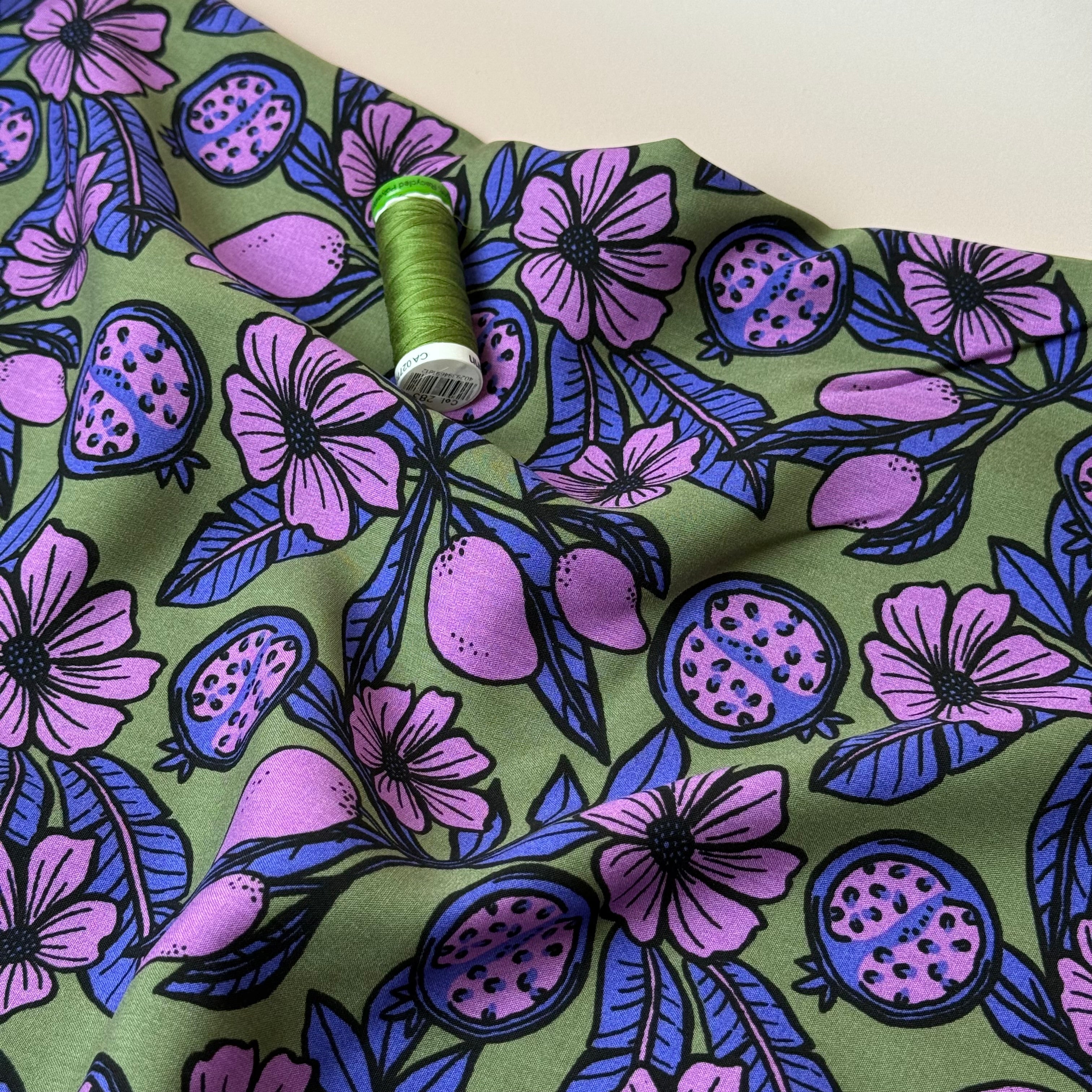 Pomegranates on Olive Green Viscose Fabric