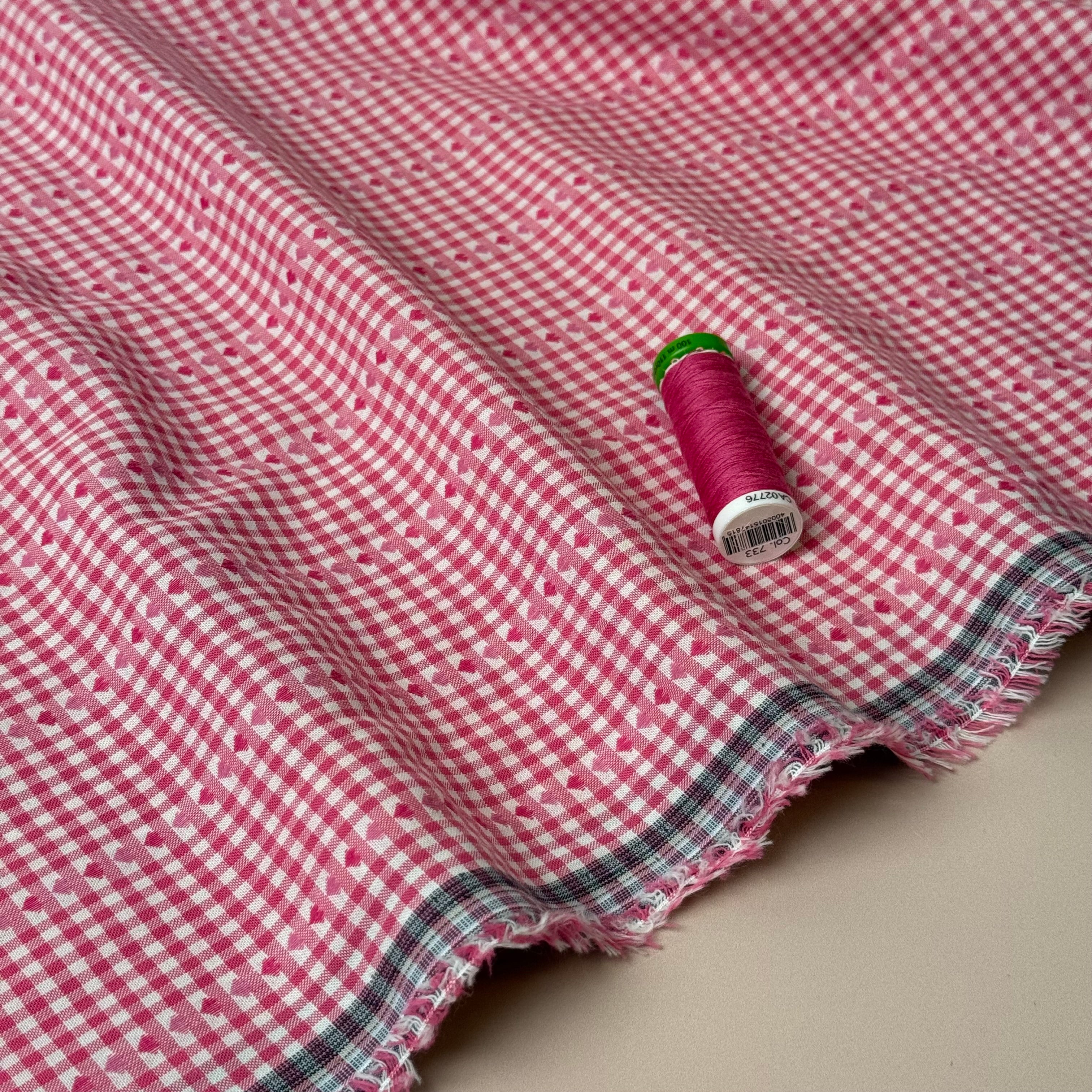 Hearts on Pink Gingham Yarn Dyed Cotton Jacquard