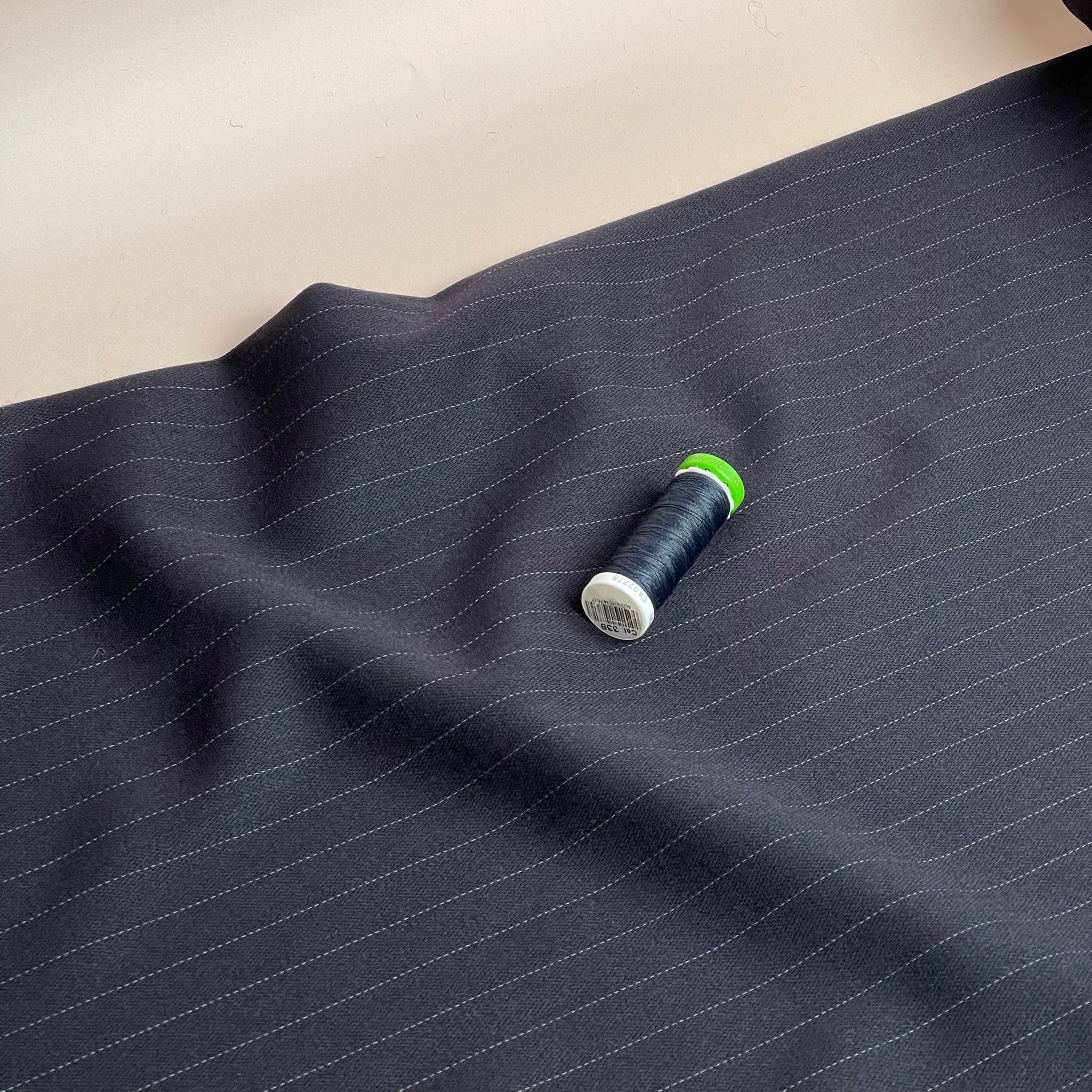 REMNANT 0.44 Metre - Deadstock Navy Pinstripe Worsted Wool Fabric
