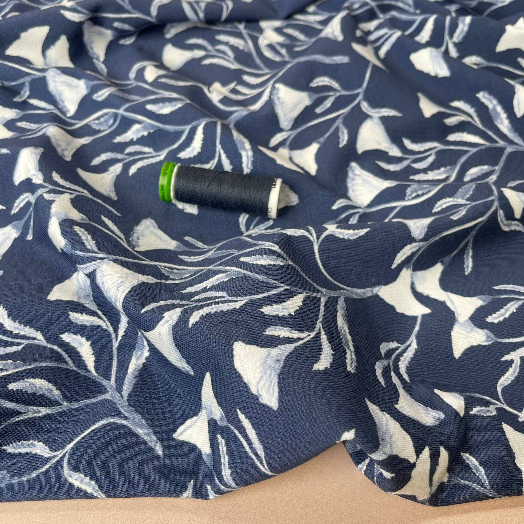 Danish Design - Delicate Blooms on Navy Cotton Jersey Fabric