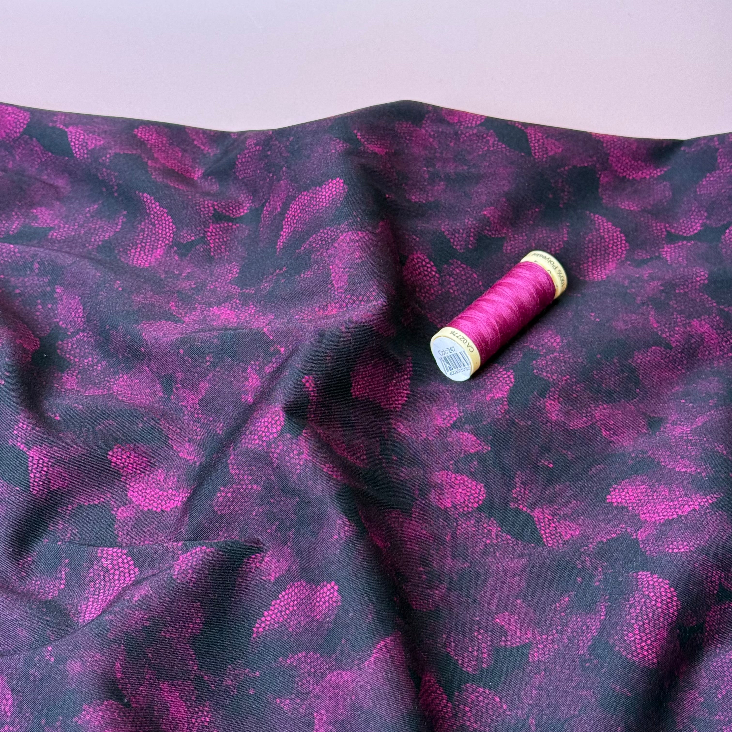 Magenta Flowers on Black Viscose Twill with Stretch