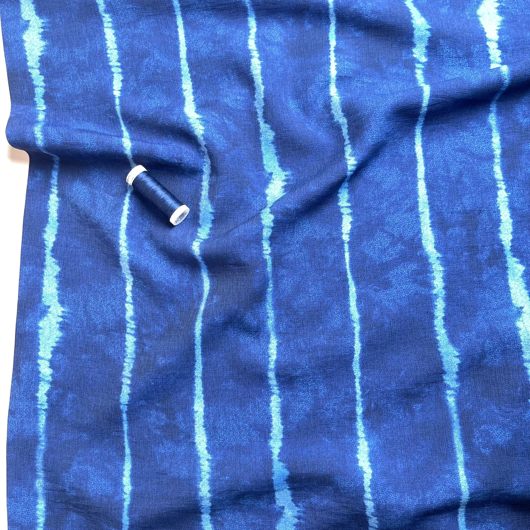 REMNANT 2.2 Metres - Tie Dye Stripes on Indigo Blue Textured Viscose Fabric