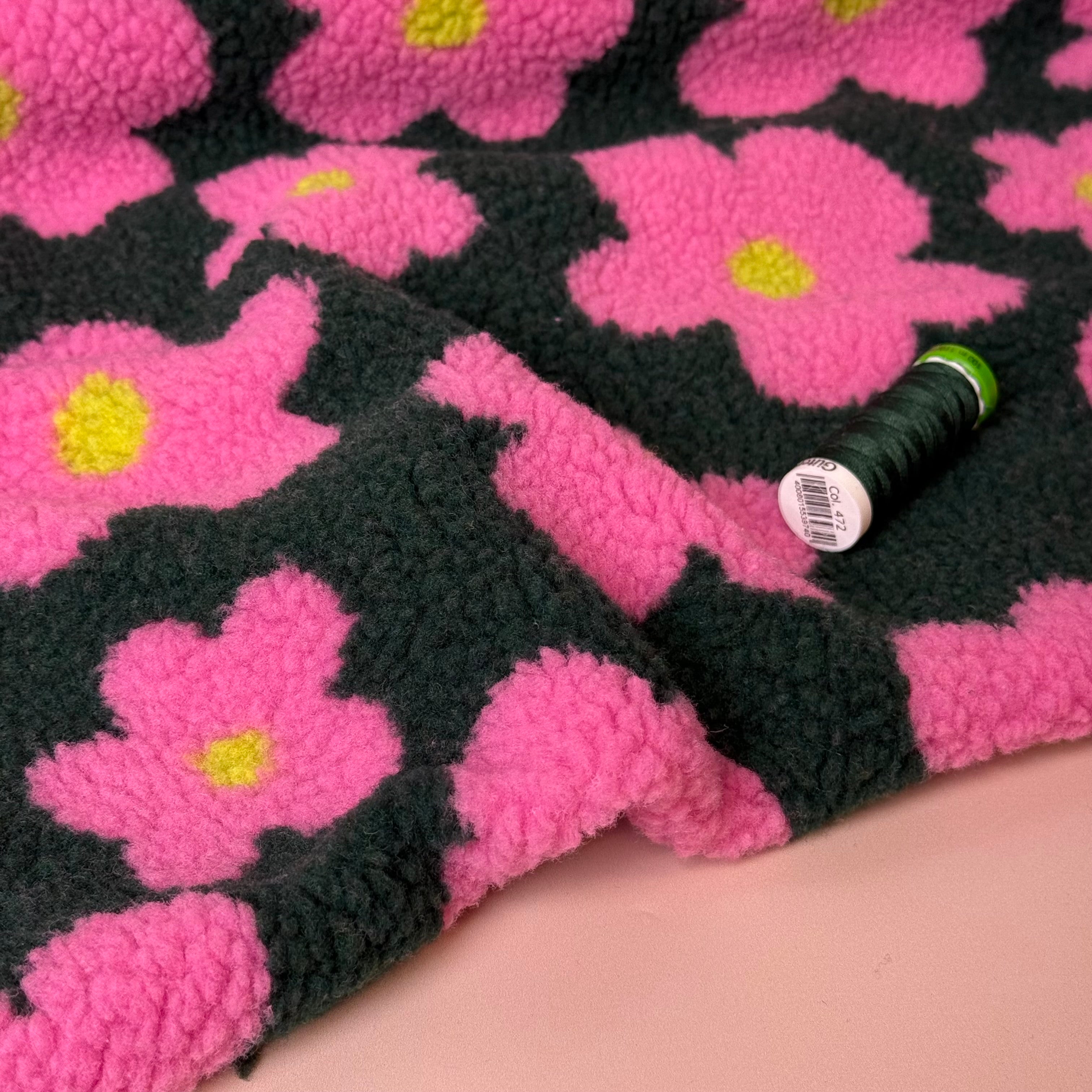Flowers on Green Teddy Coating Fabric