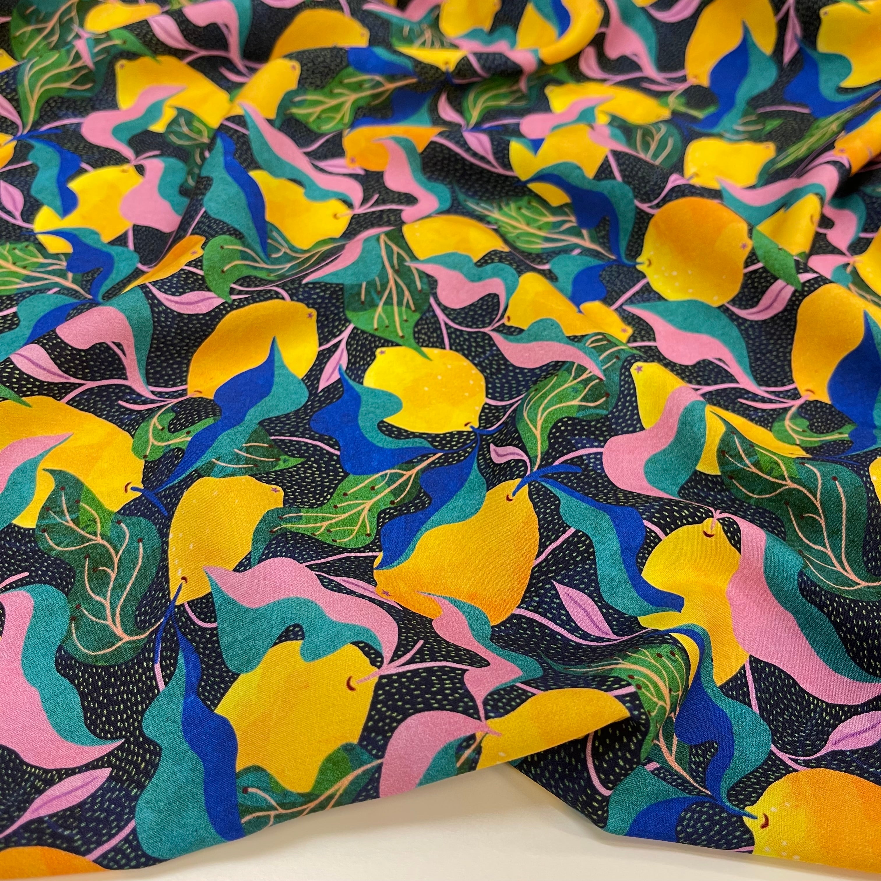 Adventure - Mediterranean Lemons Viscose in Dark Navy & Green