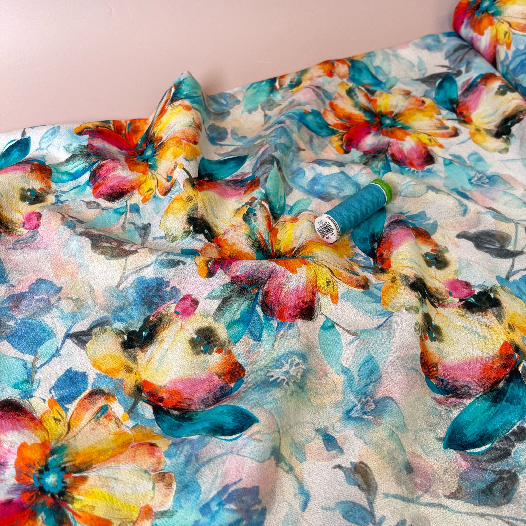 Watercolour Sunset Blooms on Turquoise Textured Viscose Fabric