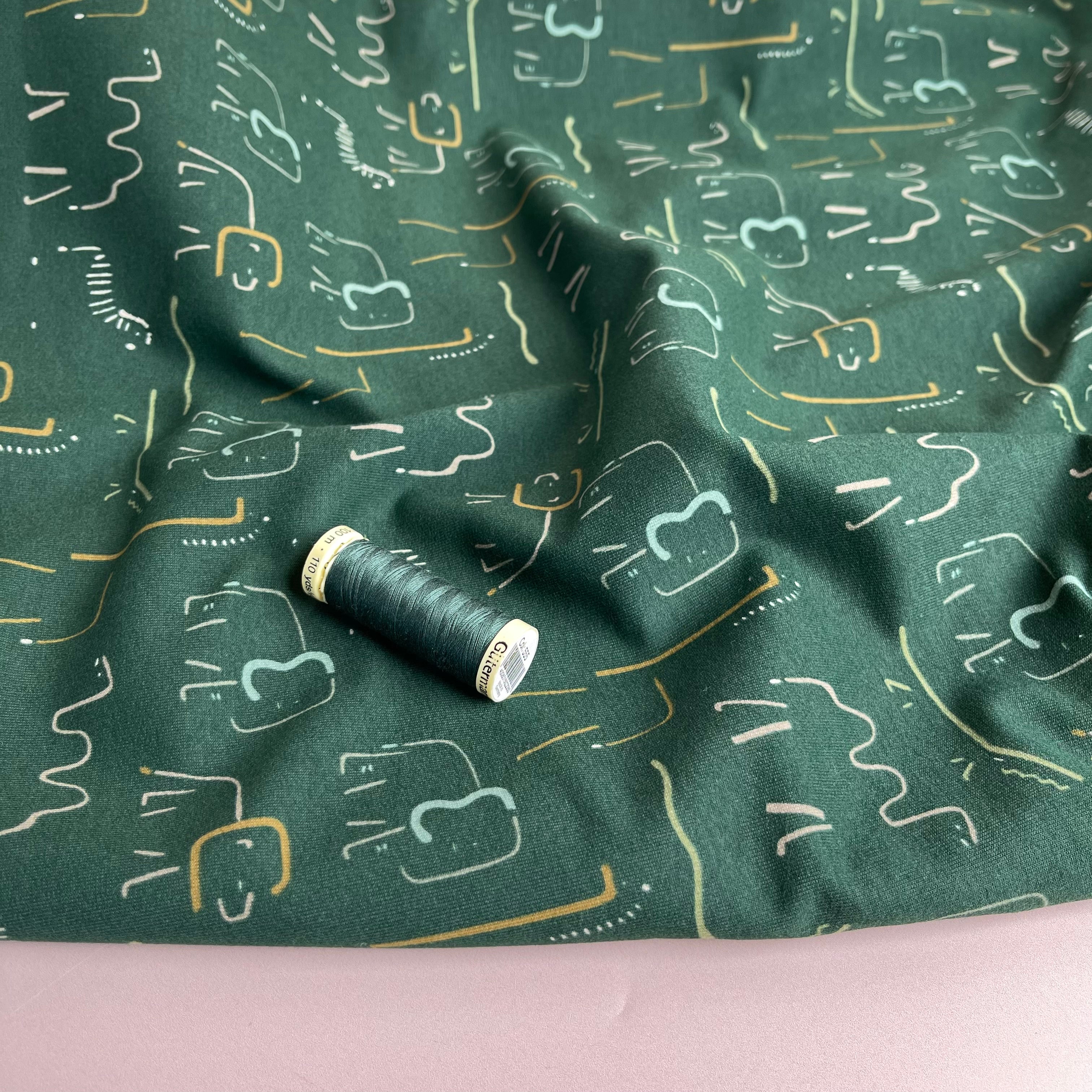Safari Animals Dark Green Cotton French Terry
