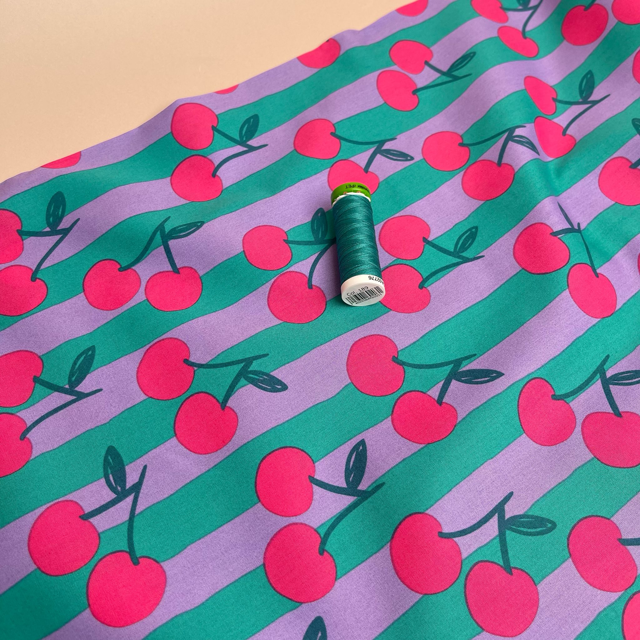 Funky Cherry Stripes on Teal Cotton Poplin Fabric