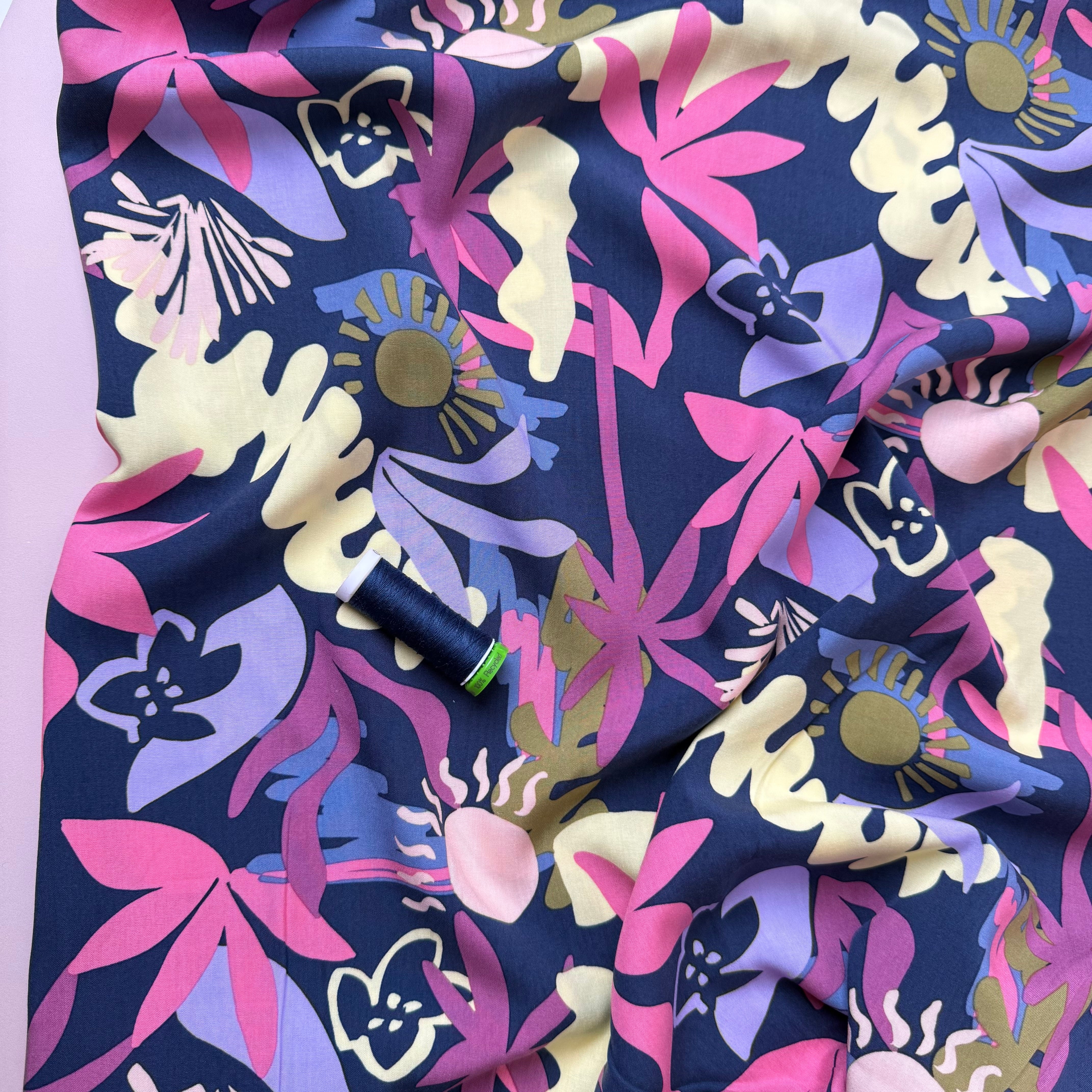 Autumn Resort on Navy LENZING™ ECOVERO™ Viscose Fabric