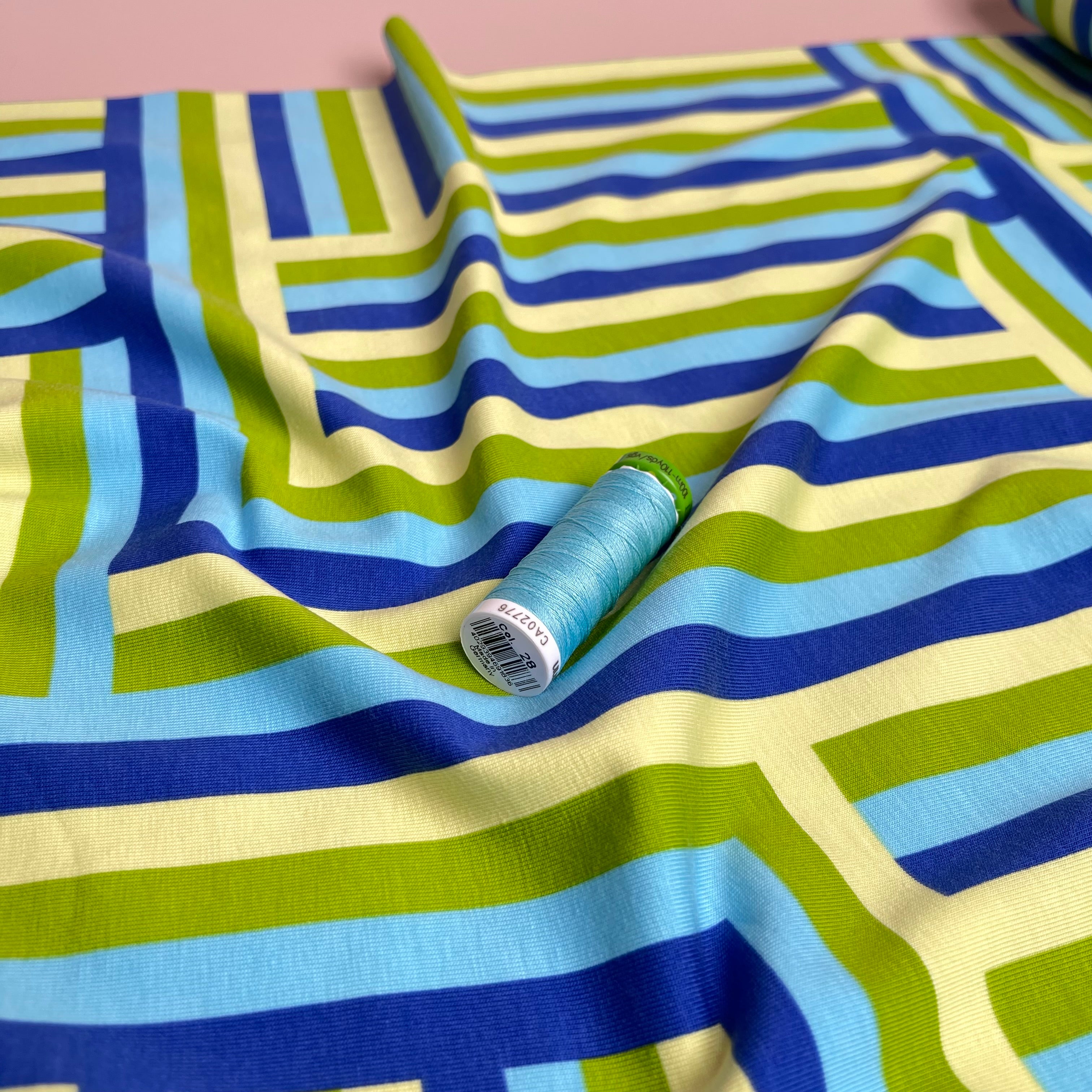 REMNANT 1.5 Metres - Rainbow Maze Turquoise Cotton Jersey Fabric