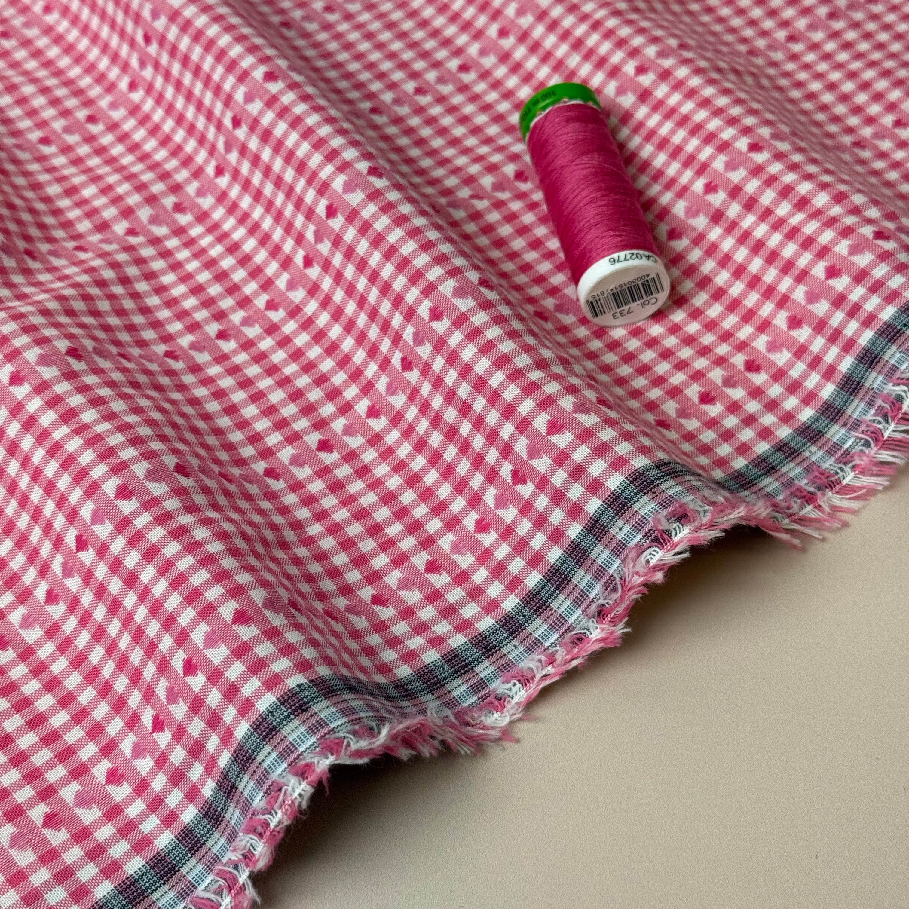 Hearts on Pink Gingham Yarn Dyed Cotton Jacquard