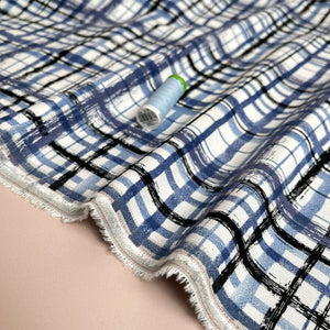 Hand painted Check on Blue Linen Viscose Blend Fabric
