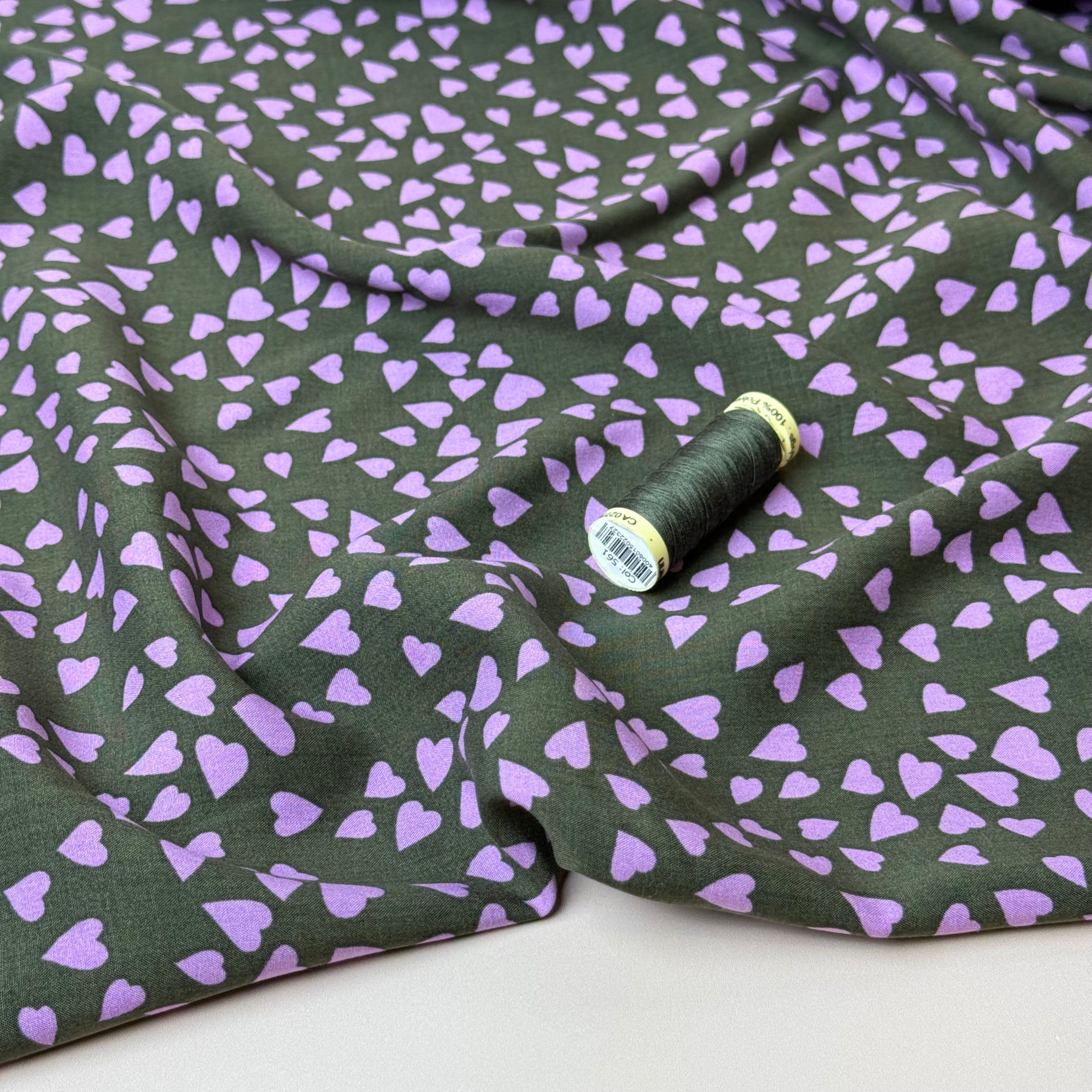 Shower of Hearts in Khaki Green LENZING™ ECOVERO™ Viscose Fabric