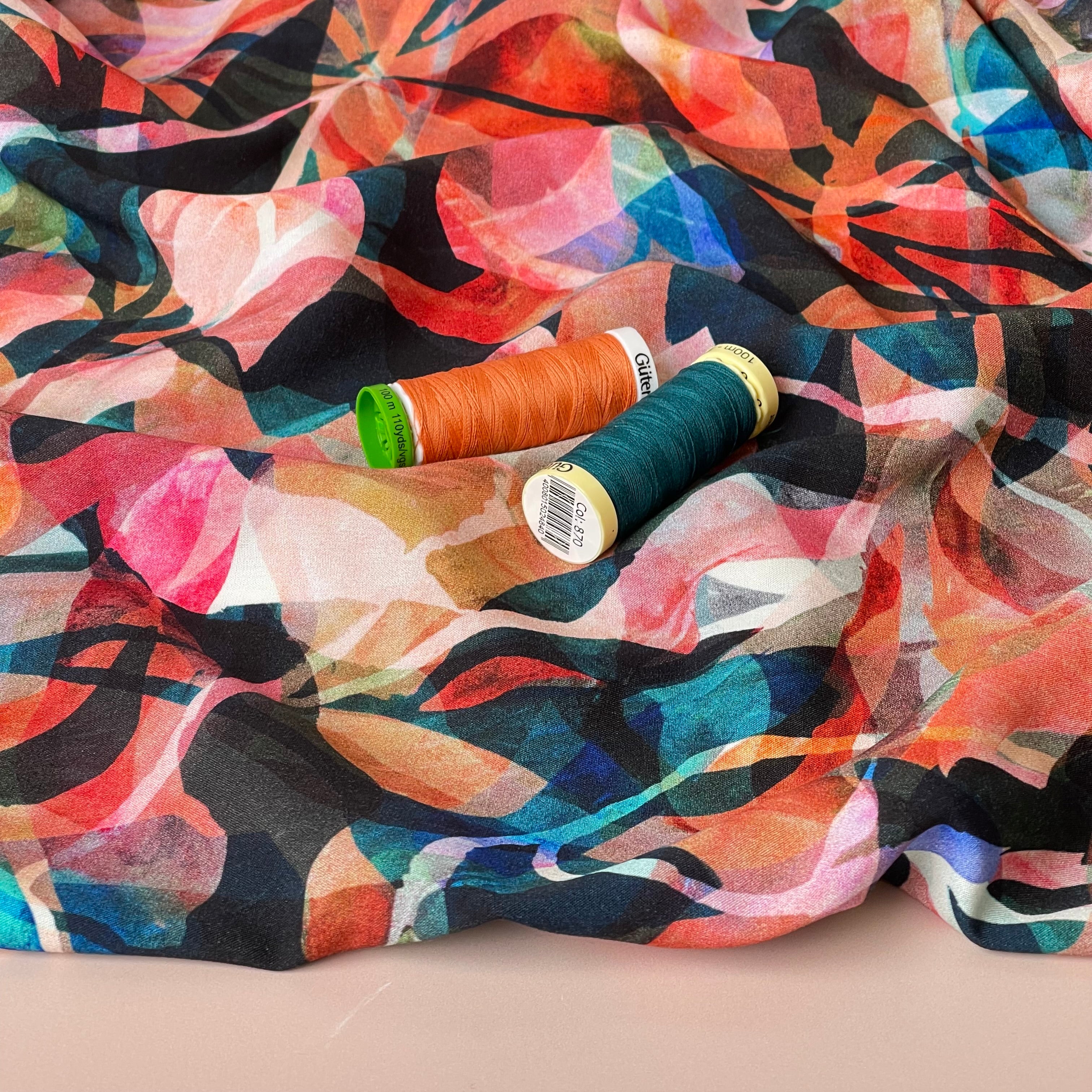 REMNANT 1 Metre - Summer Party - Painted Foliage Sunset Viscose Fabric