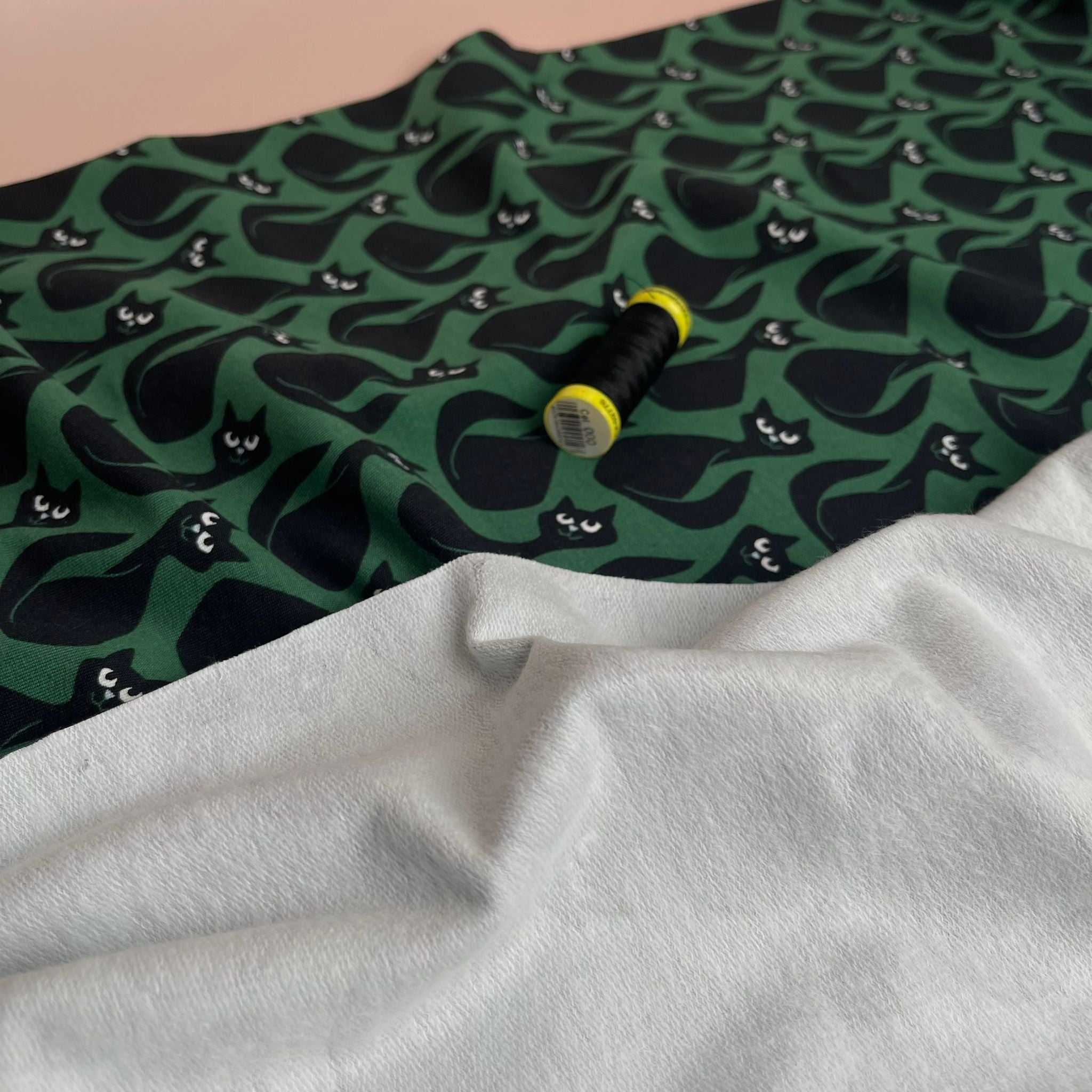 Black Cats on Emerald Cotton French Terry