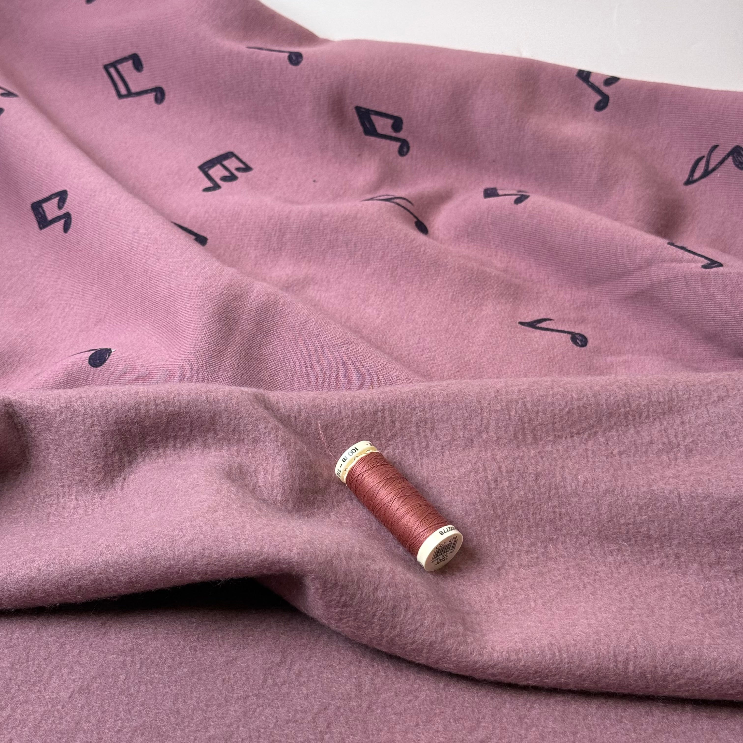 Music Notes in Mauve Soft Cotton Jogging Sweat-shirting Fabric
